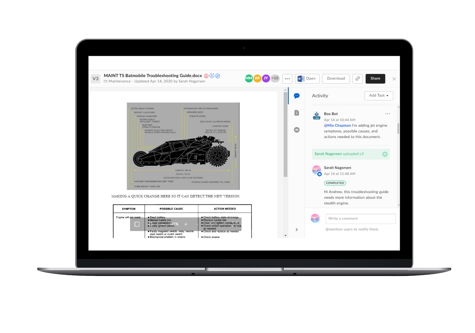 Screen capture showing mockup of a document in cloud-based content management system.