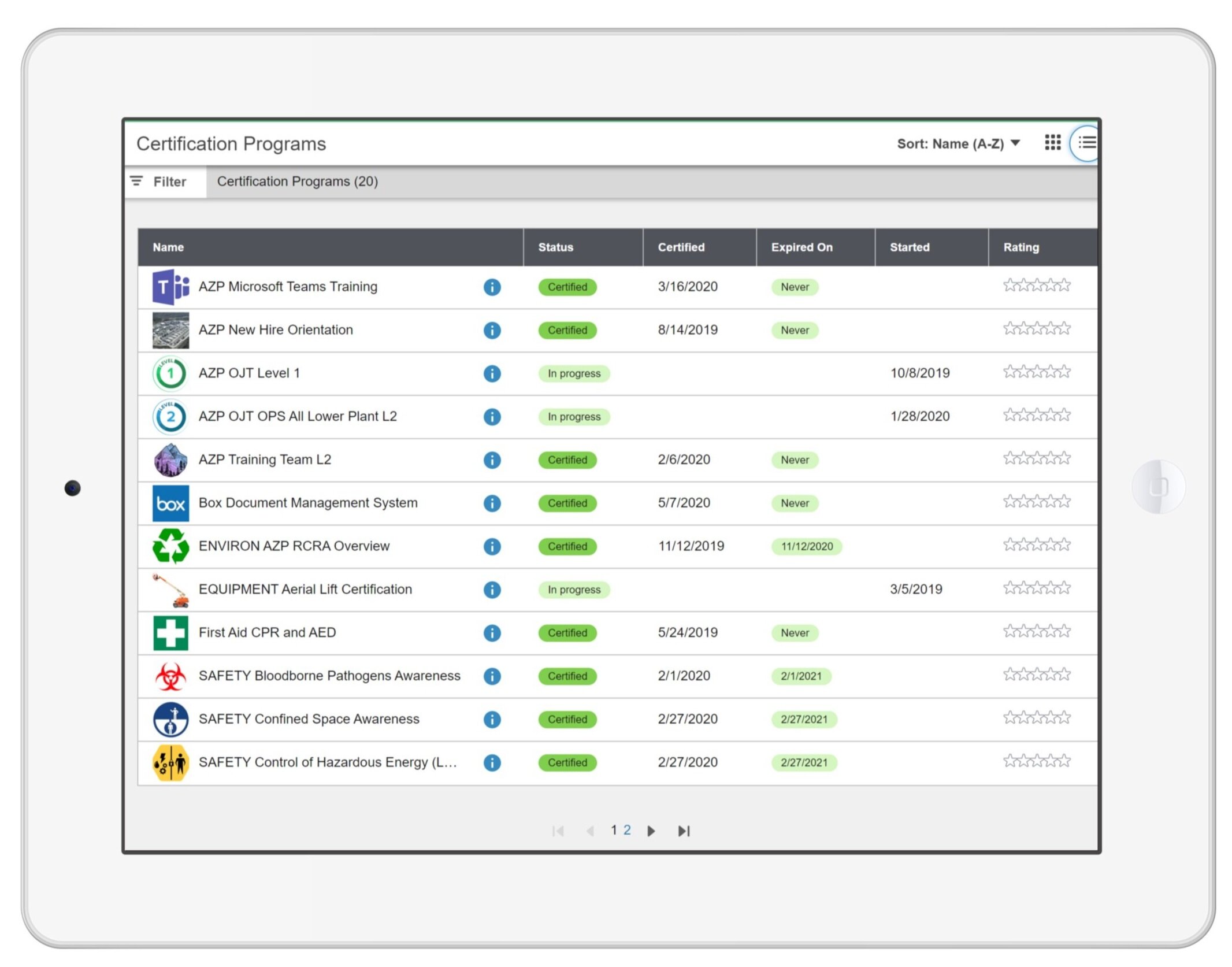 Screenshot showing list of LMS certification programs.