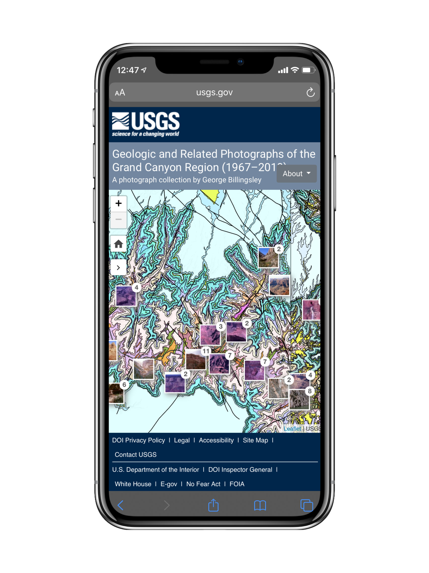 Mobile device mockup showing screen capture of Grand Canyon Photo application with field photos plotted over a geologic map.