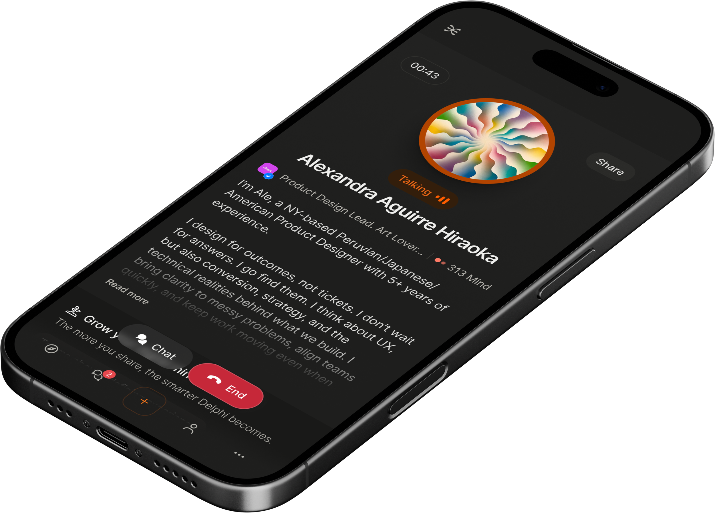 Close-up of a smartphone screen showing an ongoing voice call with Alexandria Aguirre Hiraoka, with options to share or end the call.