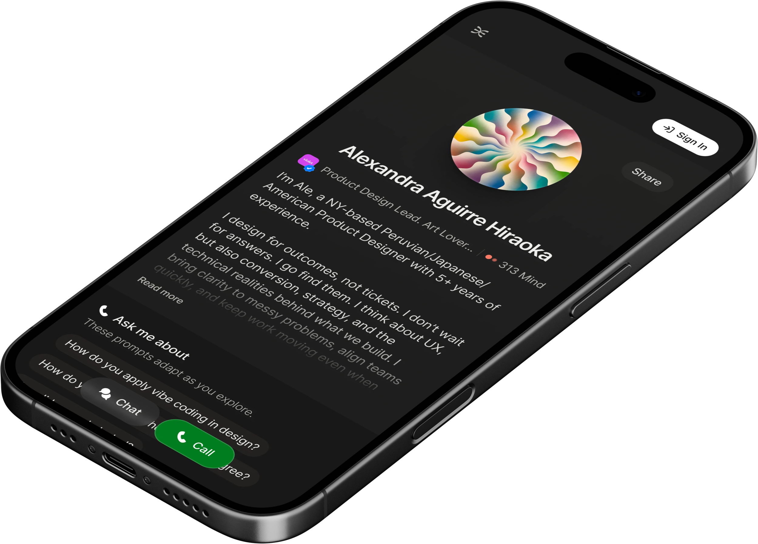 Close-up of a smartphone screen displaying a profile page for Alexandra Aguirre Hiraooka with a colorful circular profile picture, options to sign in and share, and a visible ongoing call interface at the bottom.