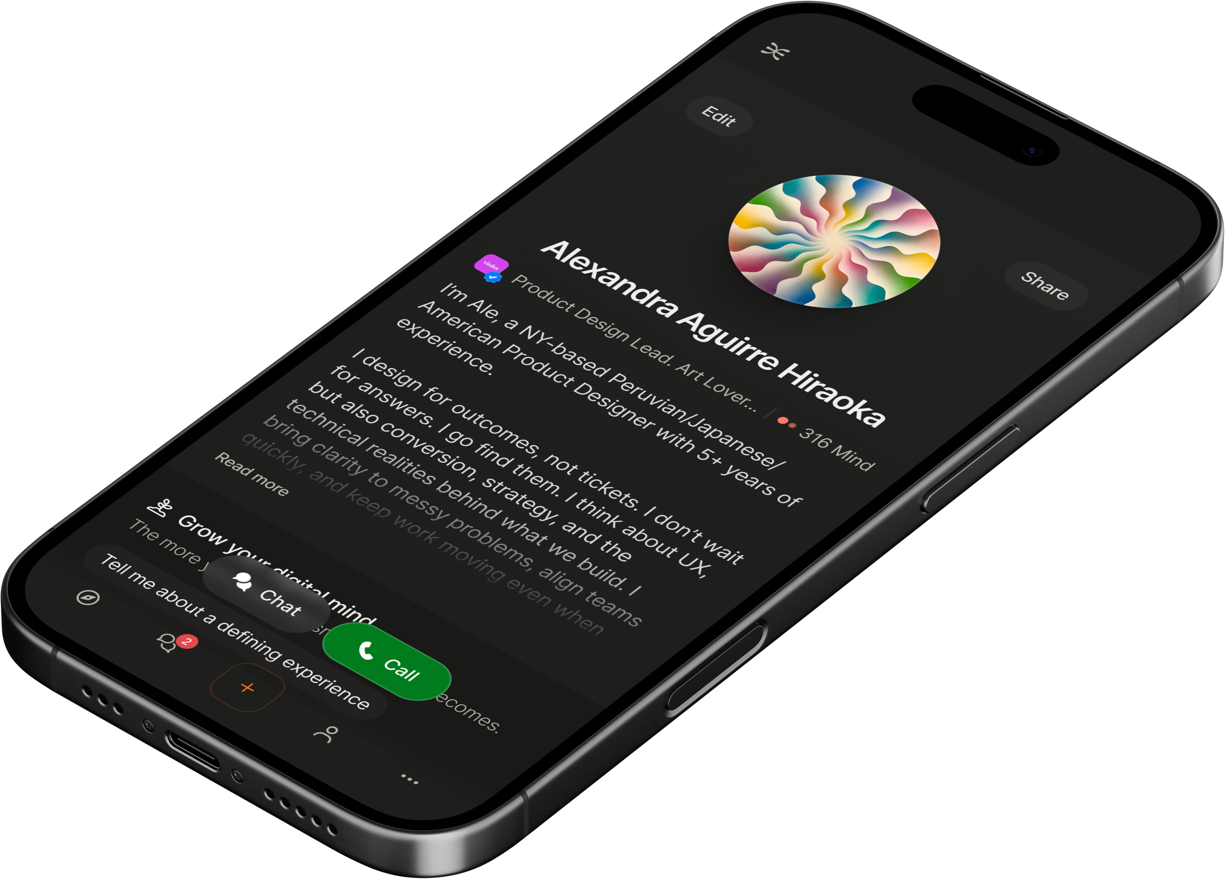 Close-up of a modern smartphone screen displaying a profile page with a colorful circular profile picture, name 'Alexandra Aguirre Hiraoka,' and a brief bio. The interface shows options to 'Edit' and 'Share,' with part of an ongoing phone call visible at the bottom of the screen.