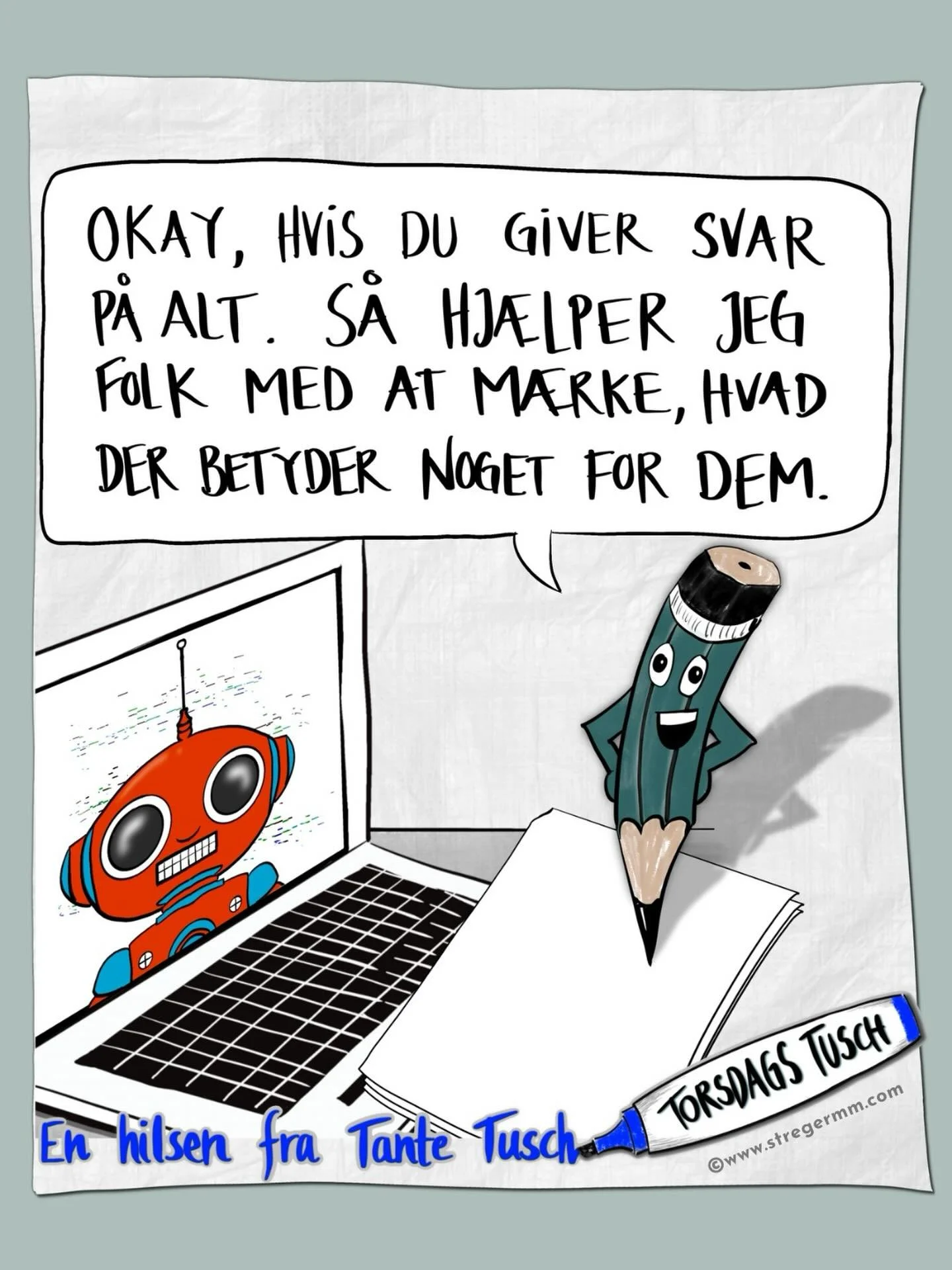 Der er en forskel p&aring; at f&aring; et svar og at finde frem til det, der egentlig betyder noget.

AI er god til det f&oslash;rste. 
Tegning er god til det andet.

Hver torsdag skriver jeg om tegning og kommunikation i nyhedsbrevet: En Torsdags Tu
