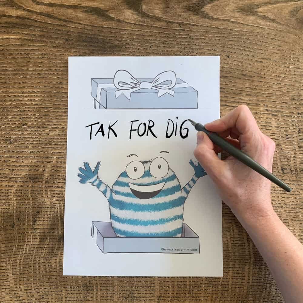 Personligt print selv fold ud kort med teksten Tak for dig og en glad trold.