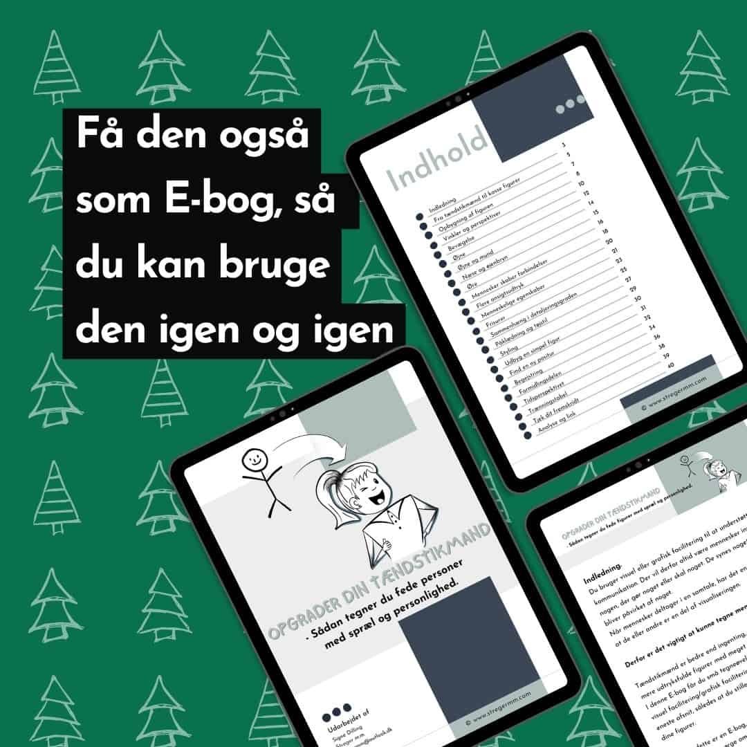 Digital e-bog vist på 3 skærme med teksten 'Få den også som E-bog'. Tegnekursus til brug igen og igen.