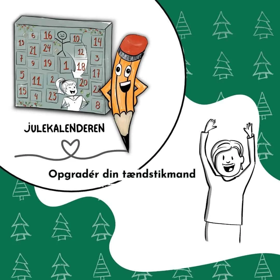 Illustration af den digitale julekalender 'Opgradér din tændstikmand'. Billedet viser en smilende blyant og en glad figur med hænderne over hovedet, der viser online tegnekursus i visuel kommunikation