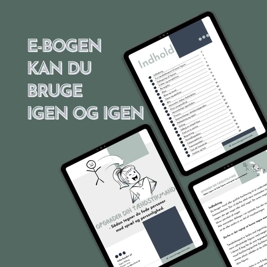 Den samlede e-bog fra tegnekurset 'Opgrader din tændstikmand' tre sider vist på iPads, et praktisk værktøj til at tegne fede figurer igen og igen