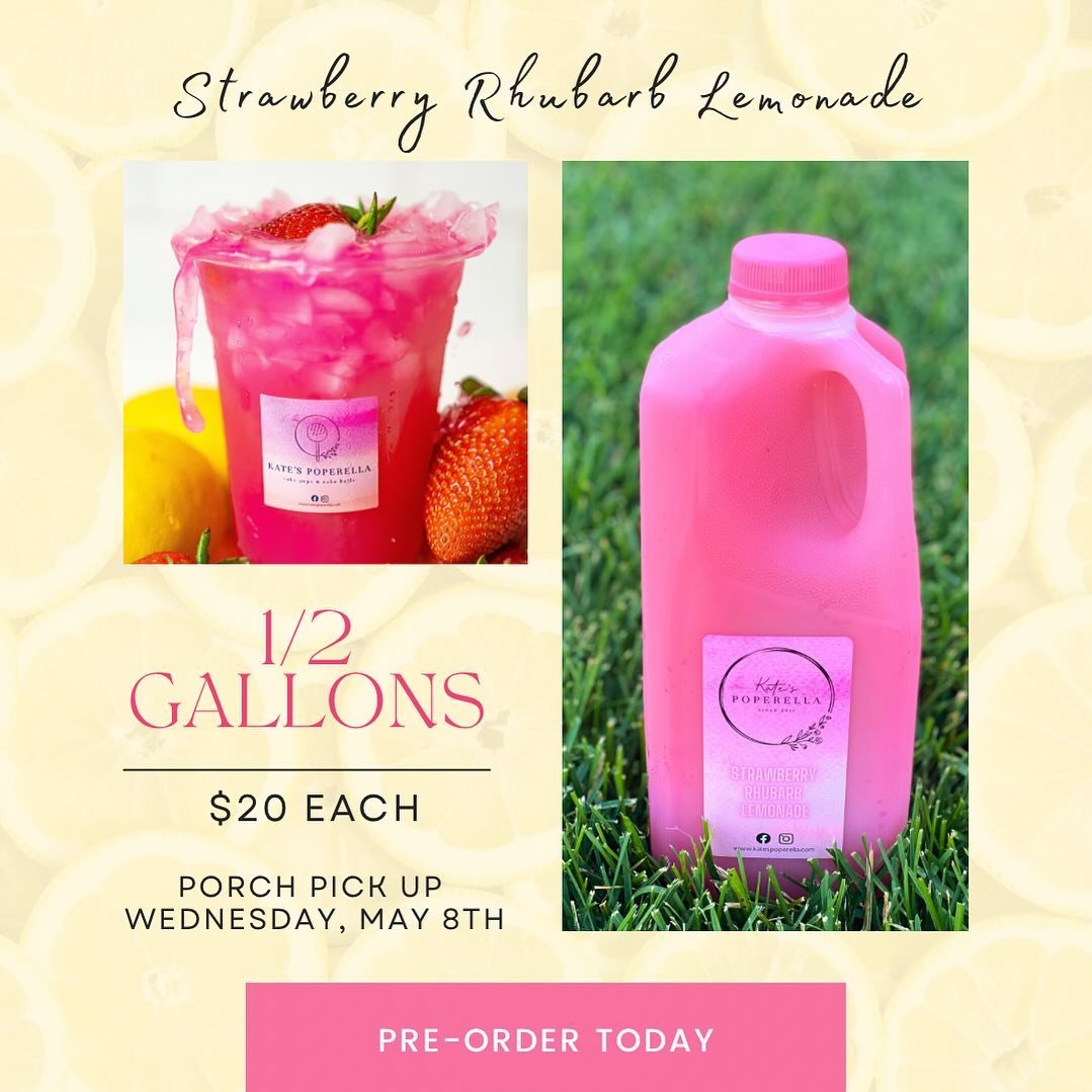 Get ready to quench your thirst with our Famous Strawberry Rhubarb Lemonade!🍓🍋 Have a special event coming up in May or just can&rsquo;t resist our Signature Drink? Don&rsquo;t worry, we&rsquo;ve got you covered! 
Secure your 1/2 gallon by preorder