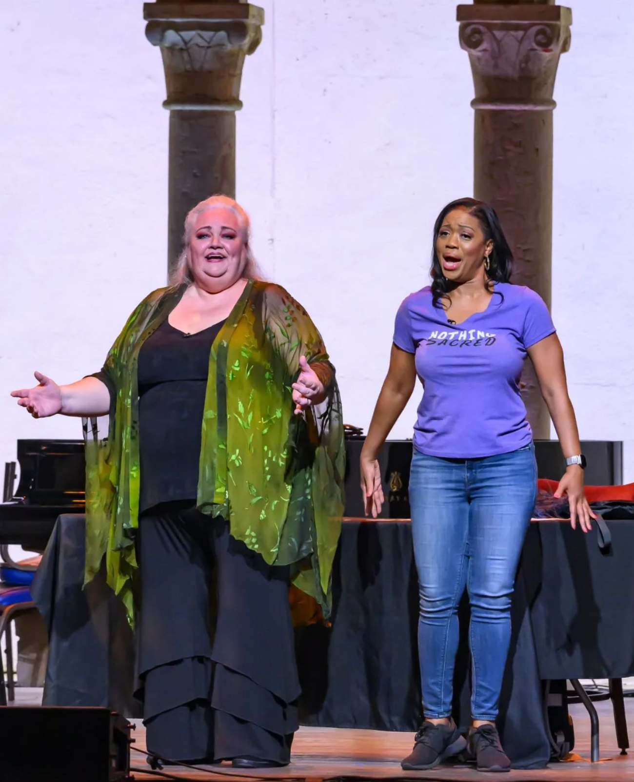 Stephanie Blythe and Laquita Mitchell in the On Site Opera world premiere of Lesson Plan, an opera by composer/librettist Rachel J. Peters, based on Georg Philip Telemann’s Der Schulmeister, at Caramoor