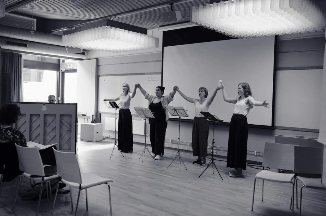 Rehearsal for Three Amputators, an opera by composer Rachel J. Peters and librettist Royce Vavrek, at Voksenåsen Summer Academy.