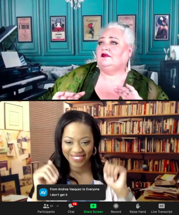 Stephanie Blythe and Laquita Mitchell in the On Site Opera world premiere of Lesson Plan, an opera by composer/librettist Rachel J. Peters, based on Georg Philip Telemann’s Der Schulmeister