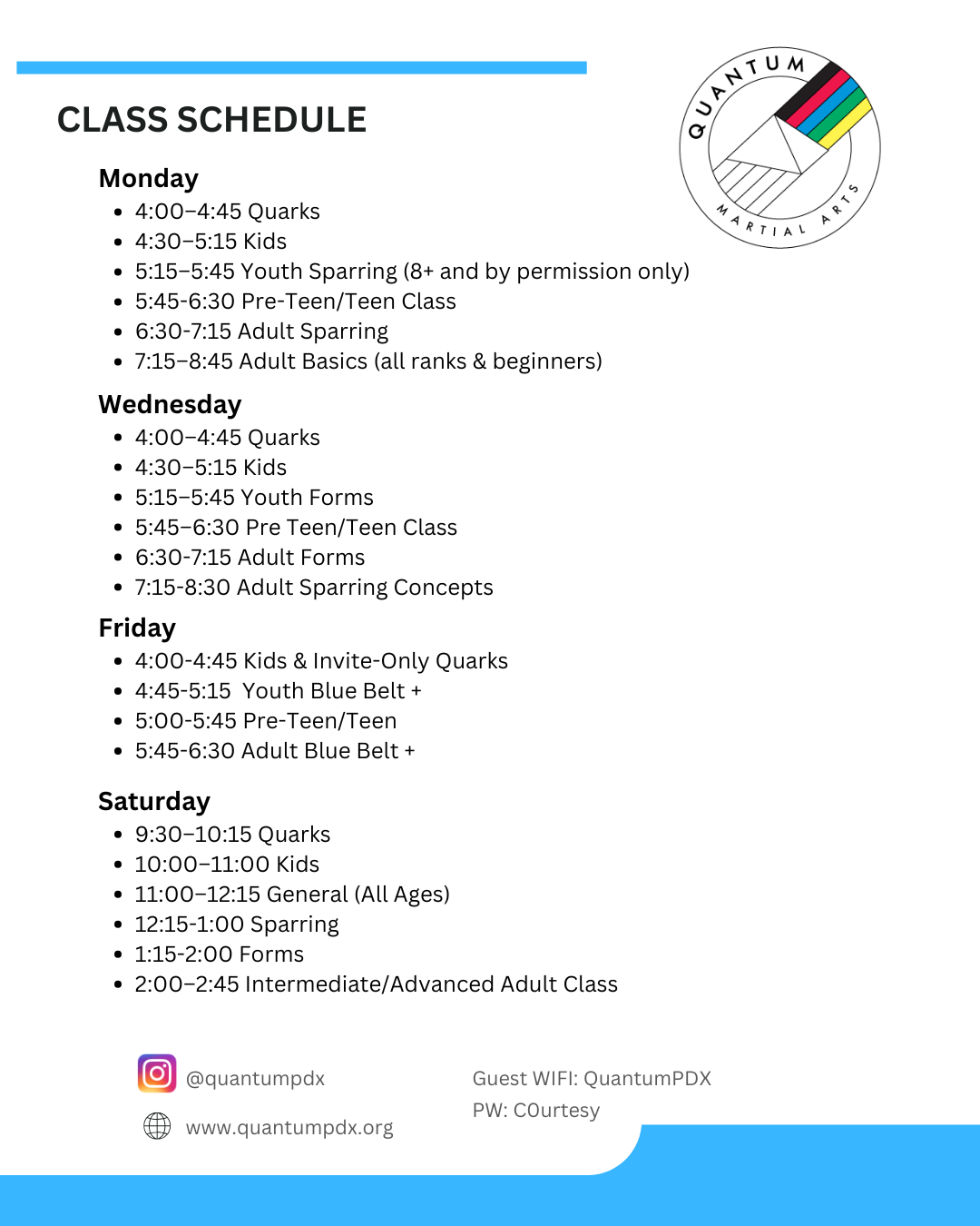 Class schedule for Quantum Martial Arts, listing weekly class times for different age groups and skill levels from Monday to Saturday, with a logo at the top right and contact information at the bottom.