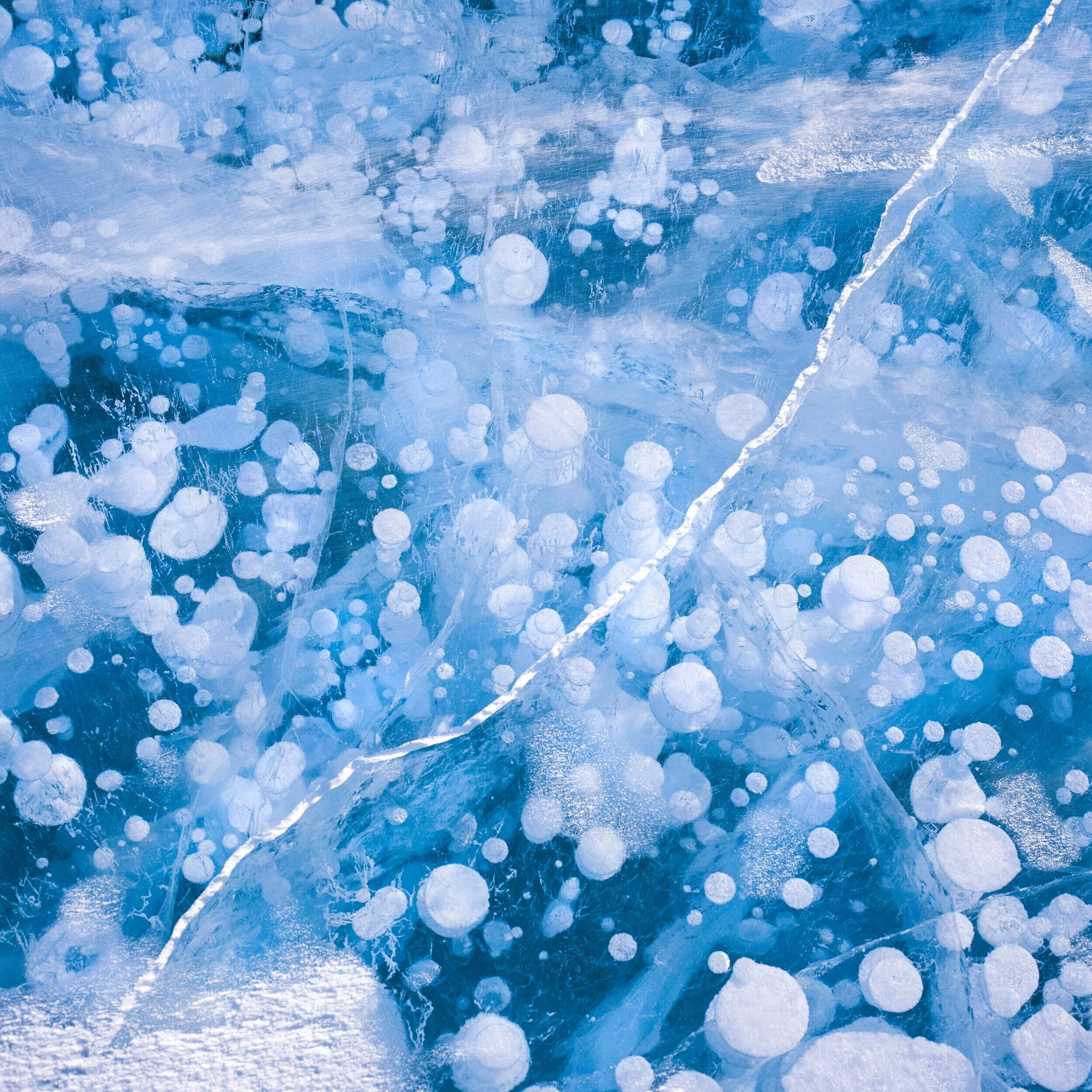 Cryo IV, layers of white methane bubbles in deep blue ice crossed by long diagonal crack, snow dusted edges on frozen surface, Abraham Lake, Alberta, Canada