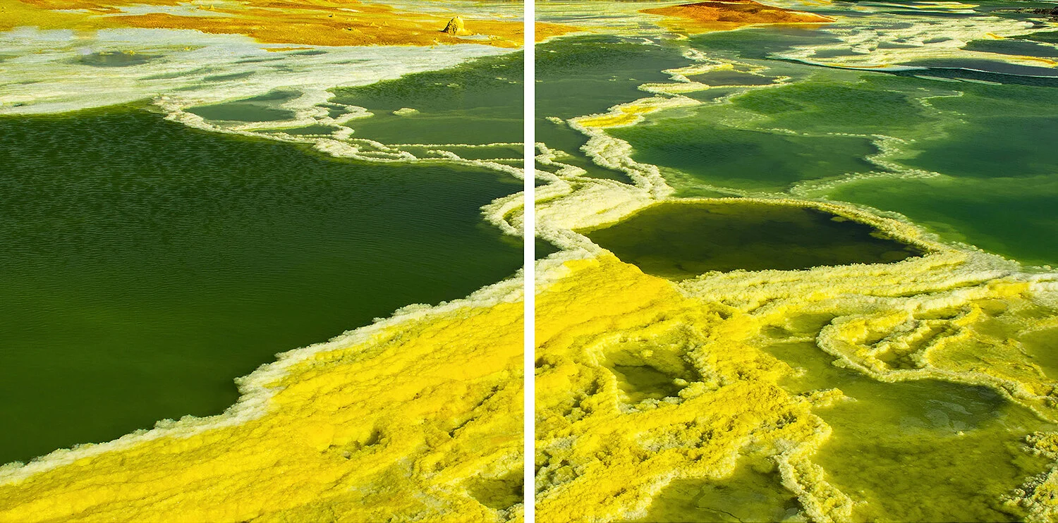 Afar I diptych, deep green hot spring water bordered by bands of vivid yellow and white salt crust, orange mineral deposits along top edge, Danakil Depression, Ethiopia