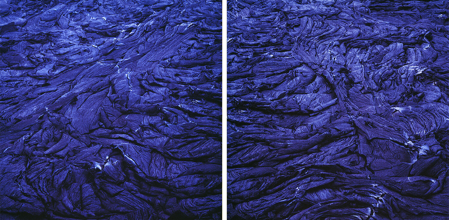 Afar II diptych, dense folds of dark rock in deep blue volcano, ropelike ridges and cracks catching pale light, abstract mineral texture, Danakil Depression, Ethiopia