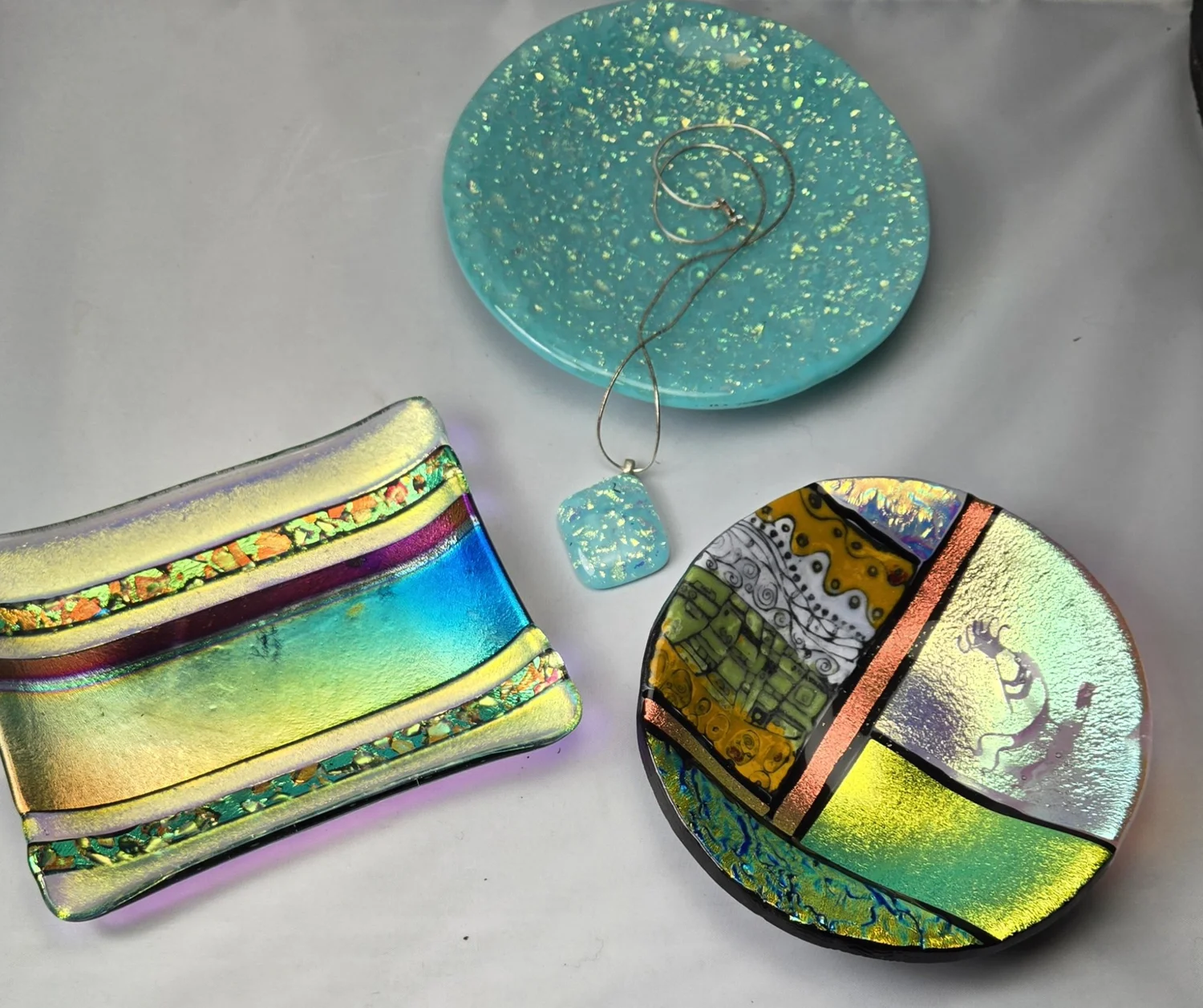 Fused Glass Trinket Dish Square Dichroic Iridescent Sushi Plate Signed 6.25\