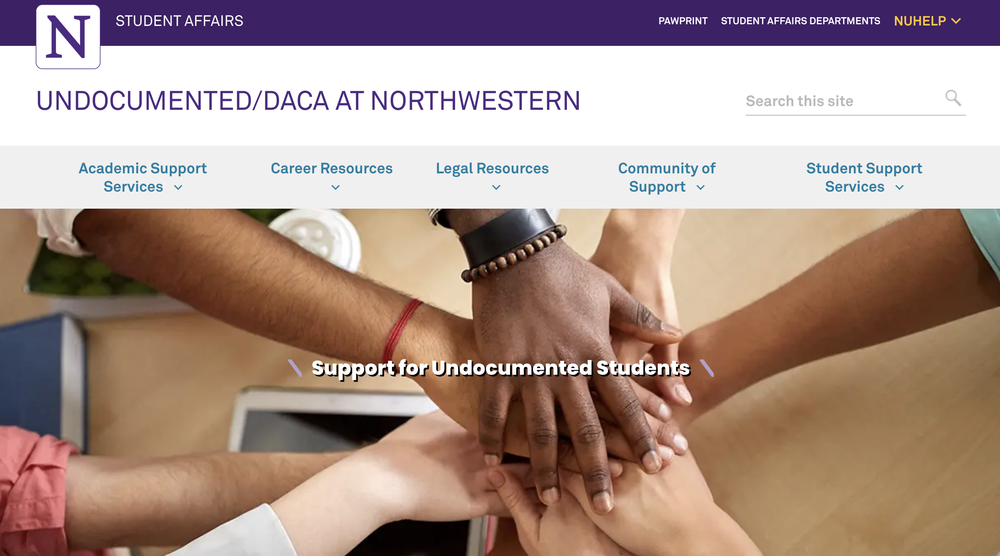 A campus resource hub webpage for undocumented students