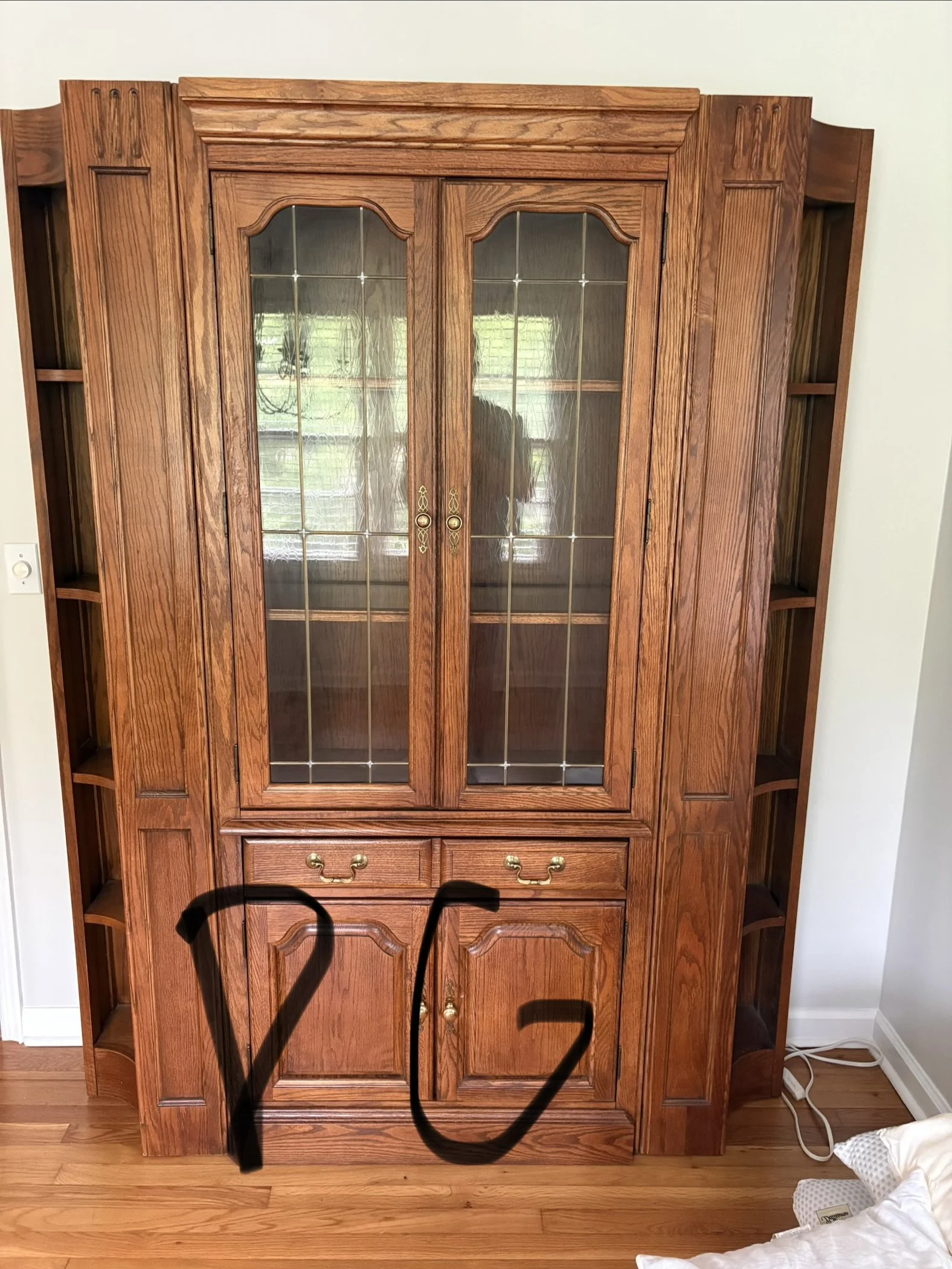 Lot DG heavy wood dish cabinet and shelves