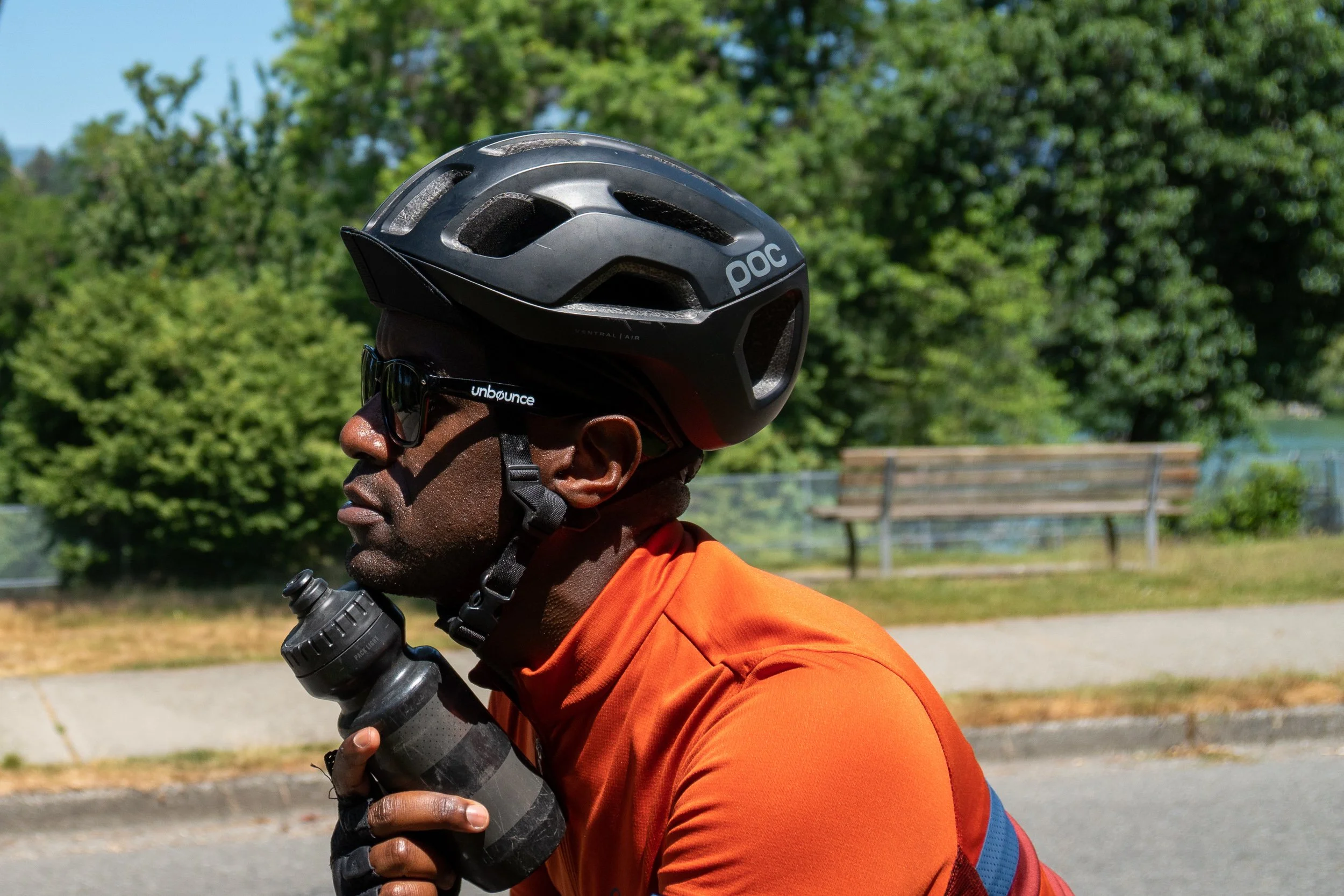 Cyclist wearing POC helmet and Unbounce sunglasses