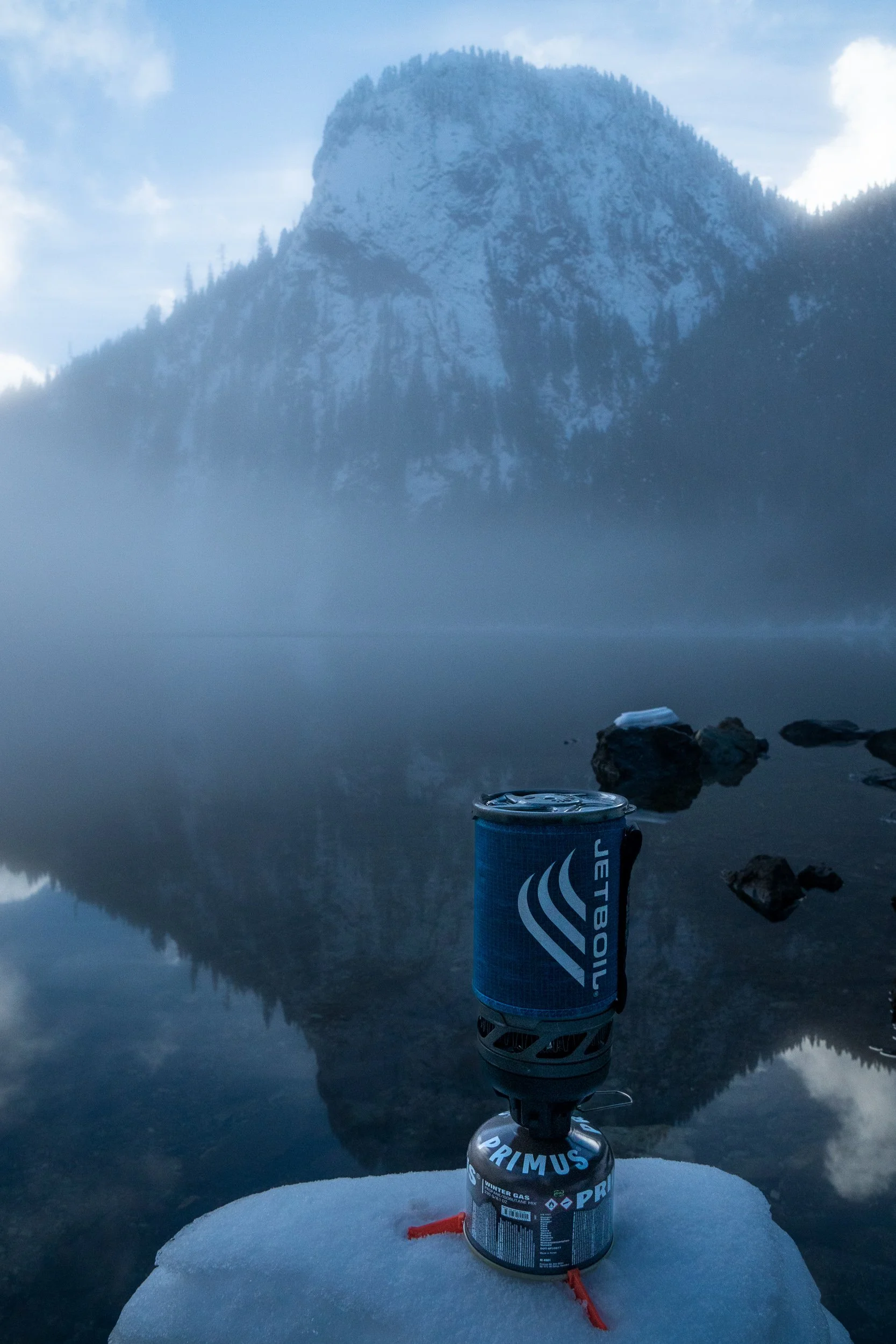 Jetboil and Primus gas on a hike to Deeks Lake in winter