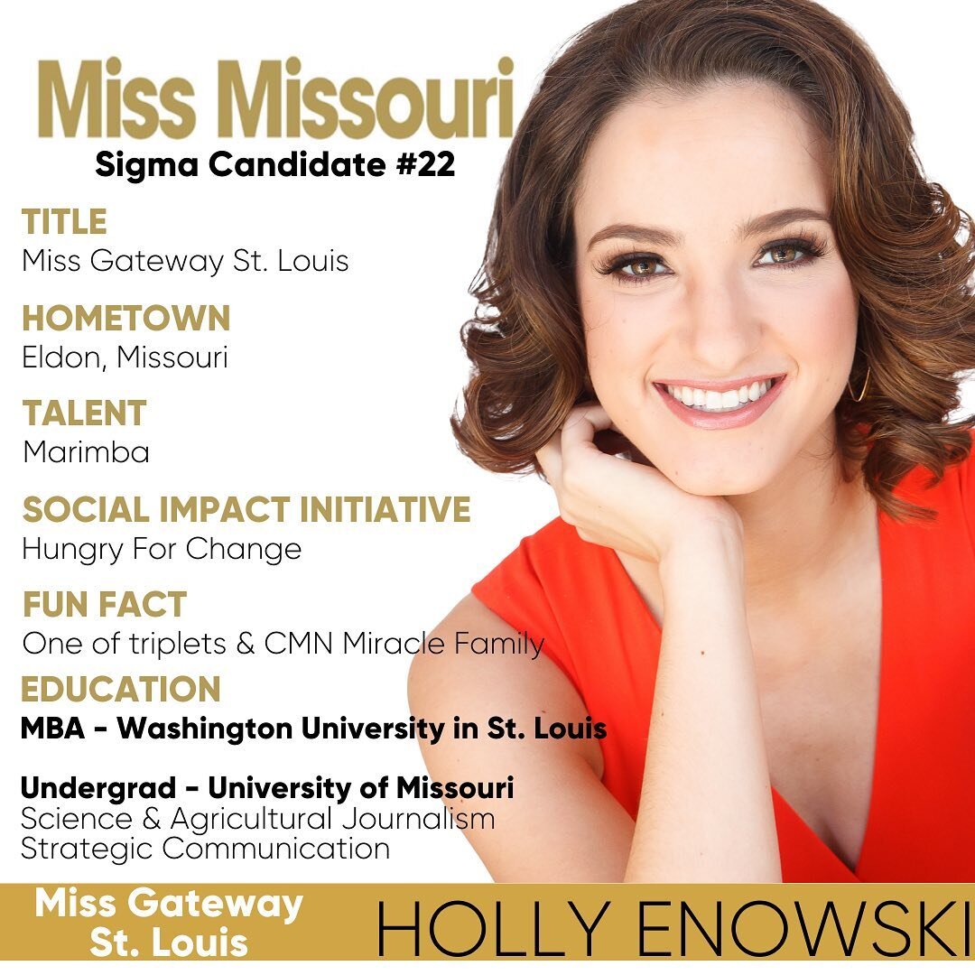 We have some new faces here &mdash; allow me to introduce myself. 👋🏼 

I&rsquo;m Holly Enowski, Miss Gateway St. Louis, and to be gracing the Miss Missouri stage for the fourth time is the stuff of my childhood dreams. 👑

Born and raised in Missou