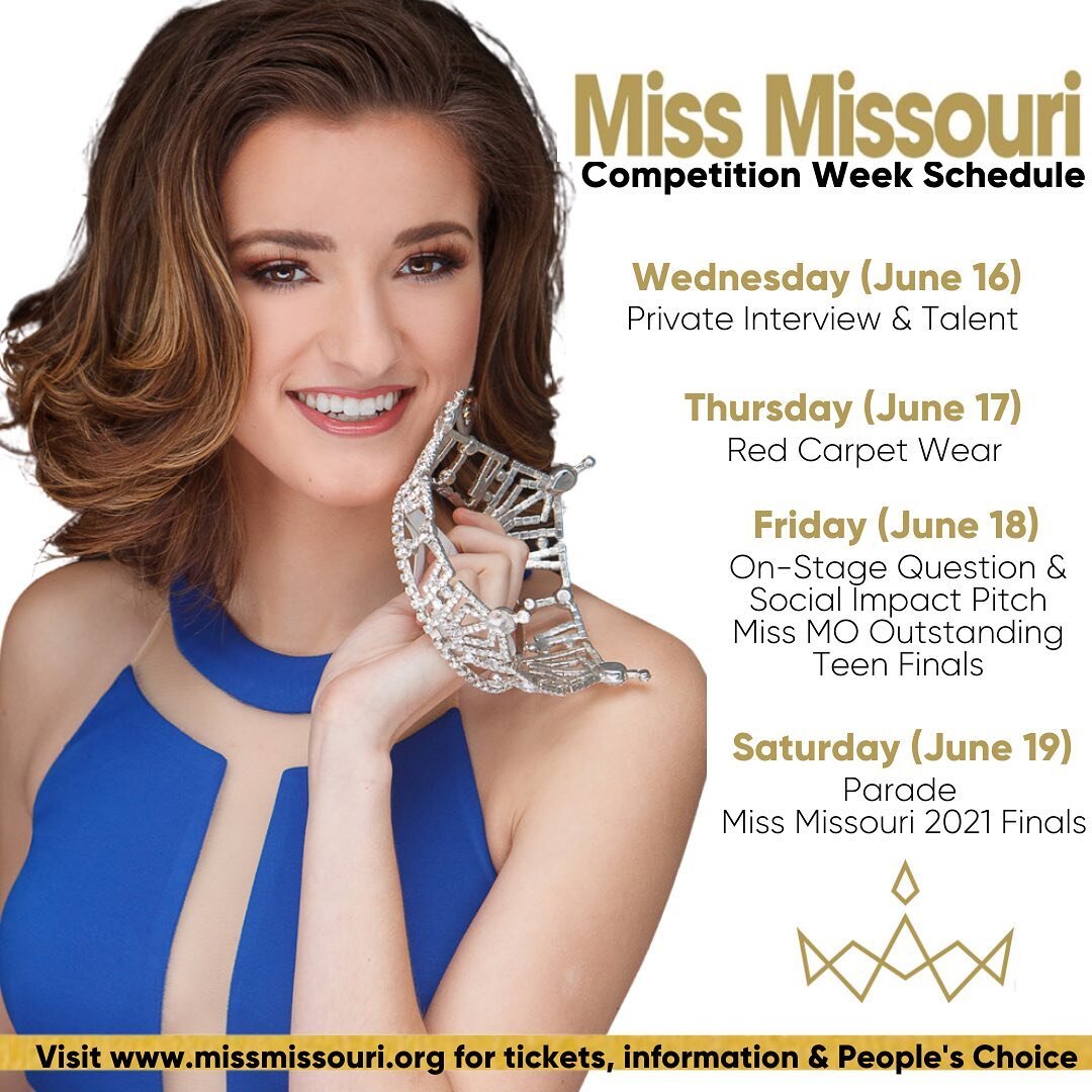 In just ONE week, the judges will begin to meet the candidates for Miss Missouri &amp; Miss Missouri&rsquo;s Outstanding Teen! This is my competition schedule for the week - I ask for your well wishes, prayers, and uplifting thoughts for the most ant