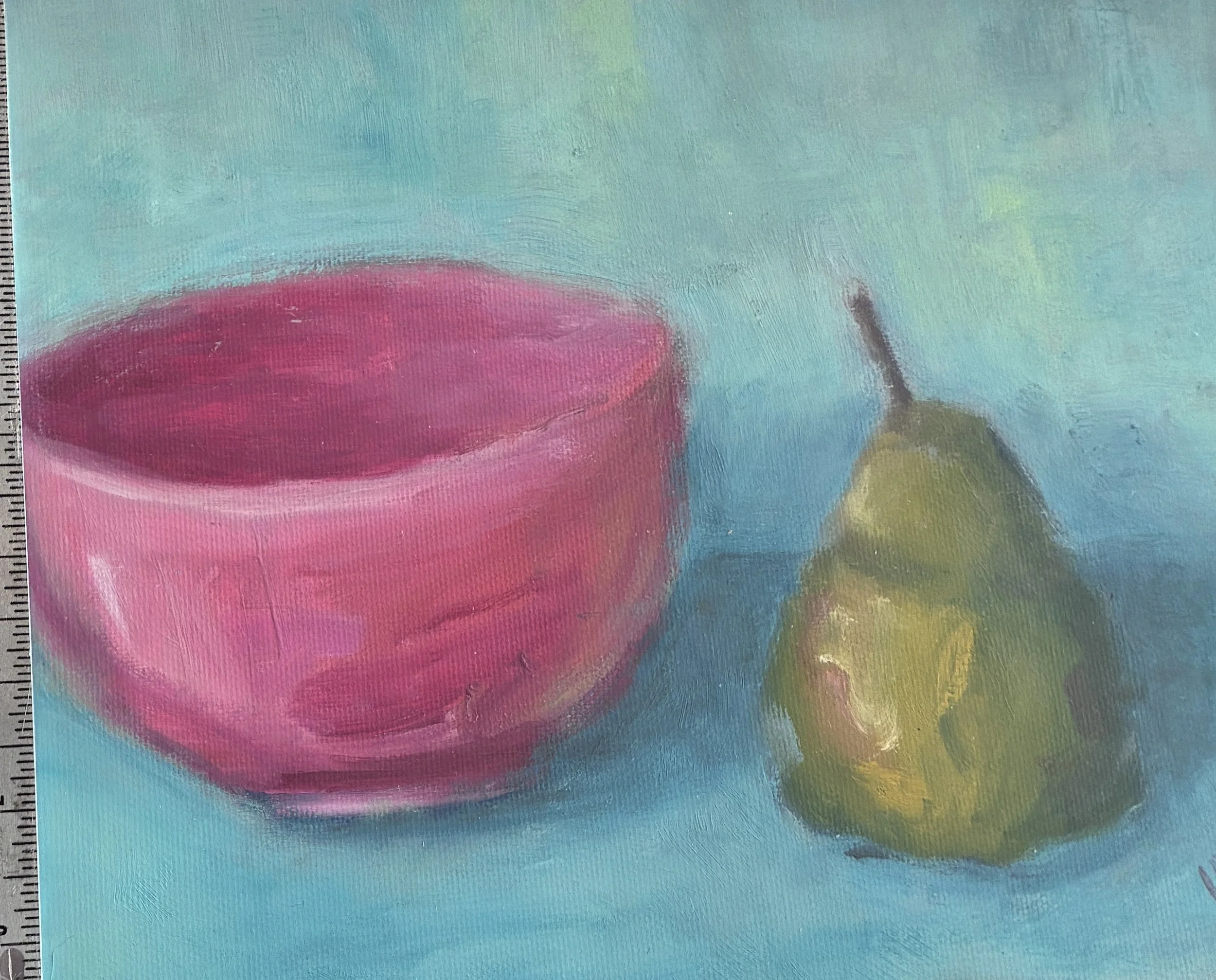 pink and green, bowl and pear - 9x12, oil on paper, sold