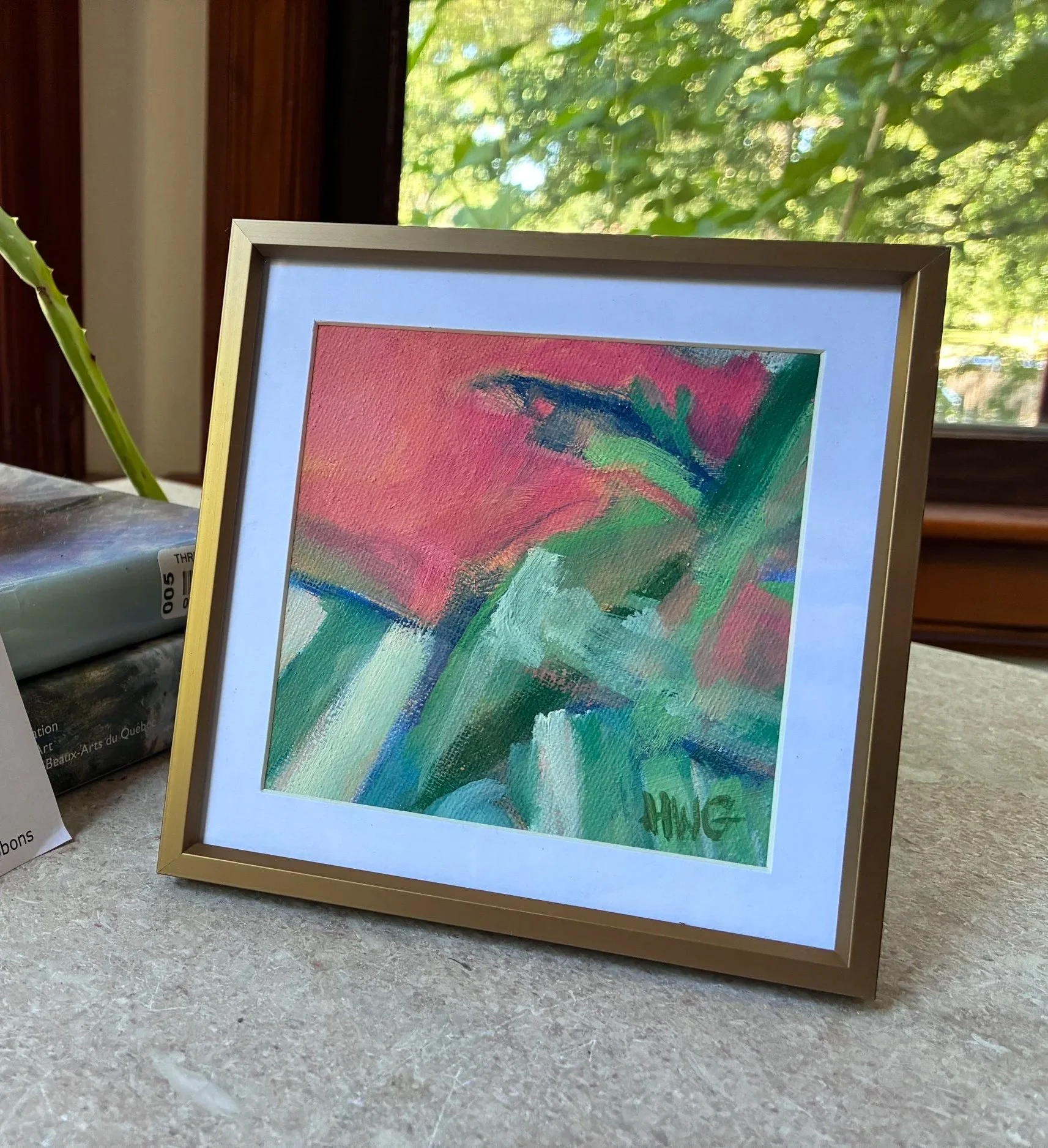 cut flowers , 5x5 inches, oil on canvas, framed in brass
six versions, each sold separately, $36