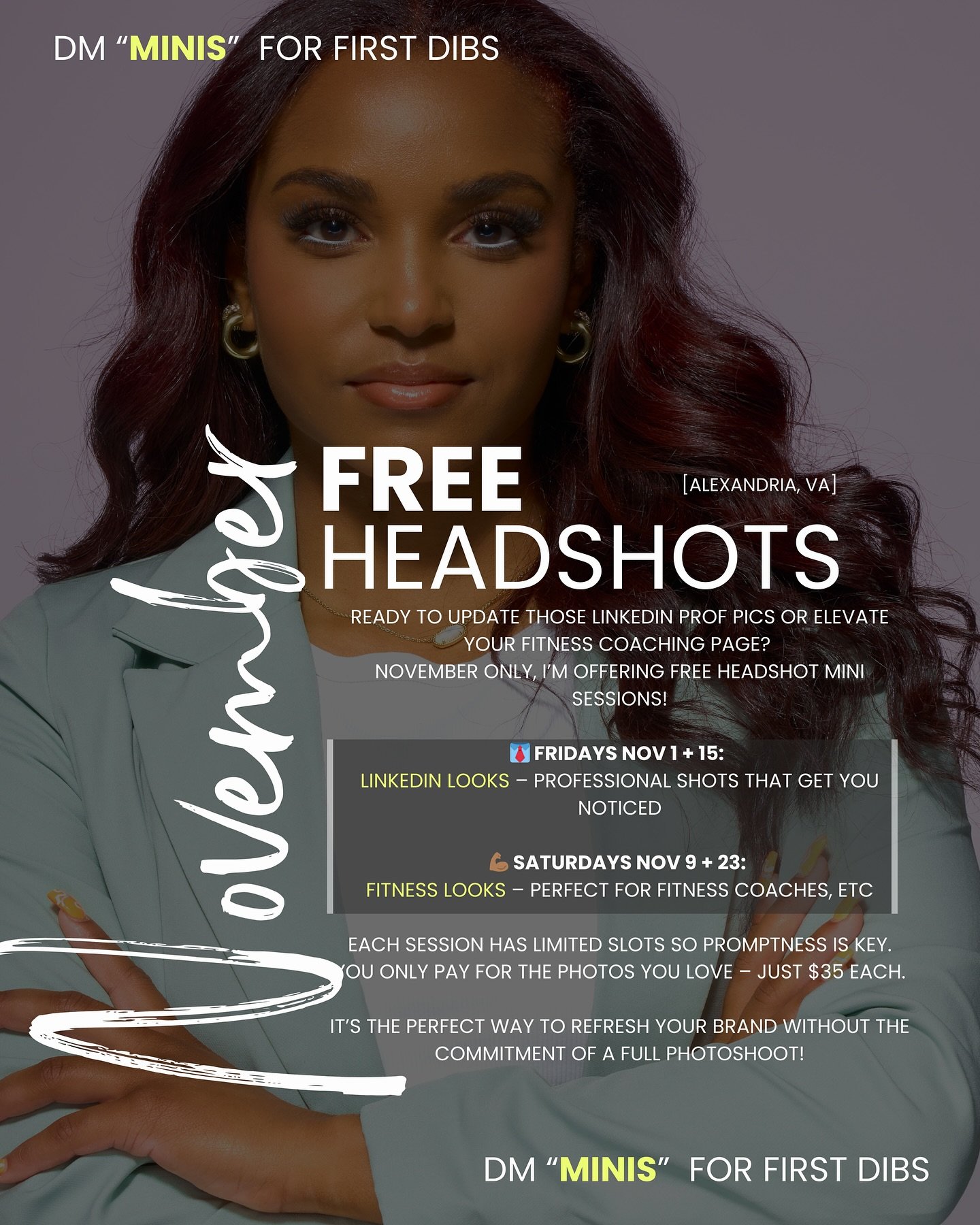 WE ARE LIVE! &mdash; all november i&rsquo;m doing FREE HEADSHOT  mini sessions for yall! 

here to pour into our community, these &ldquo;minis&rdquo; serve as a way to help you or someone you know update their professional headshots or fitness pics w