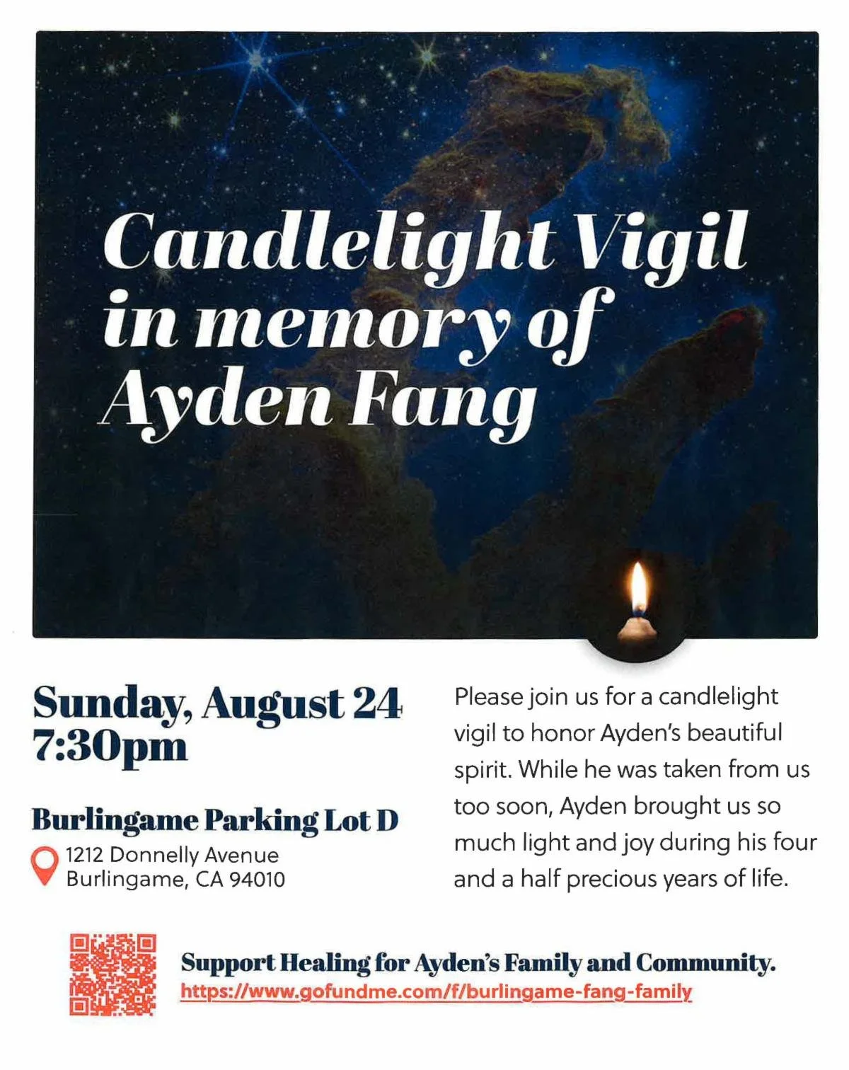 Candlelight Vigil in Memory of Ayden Fang