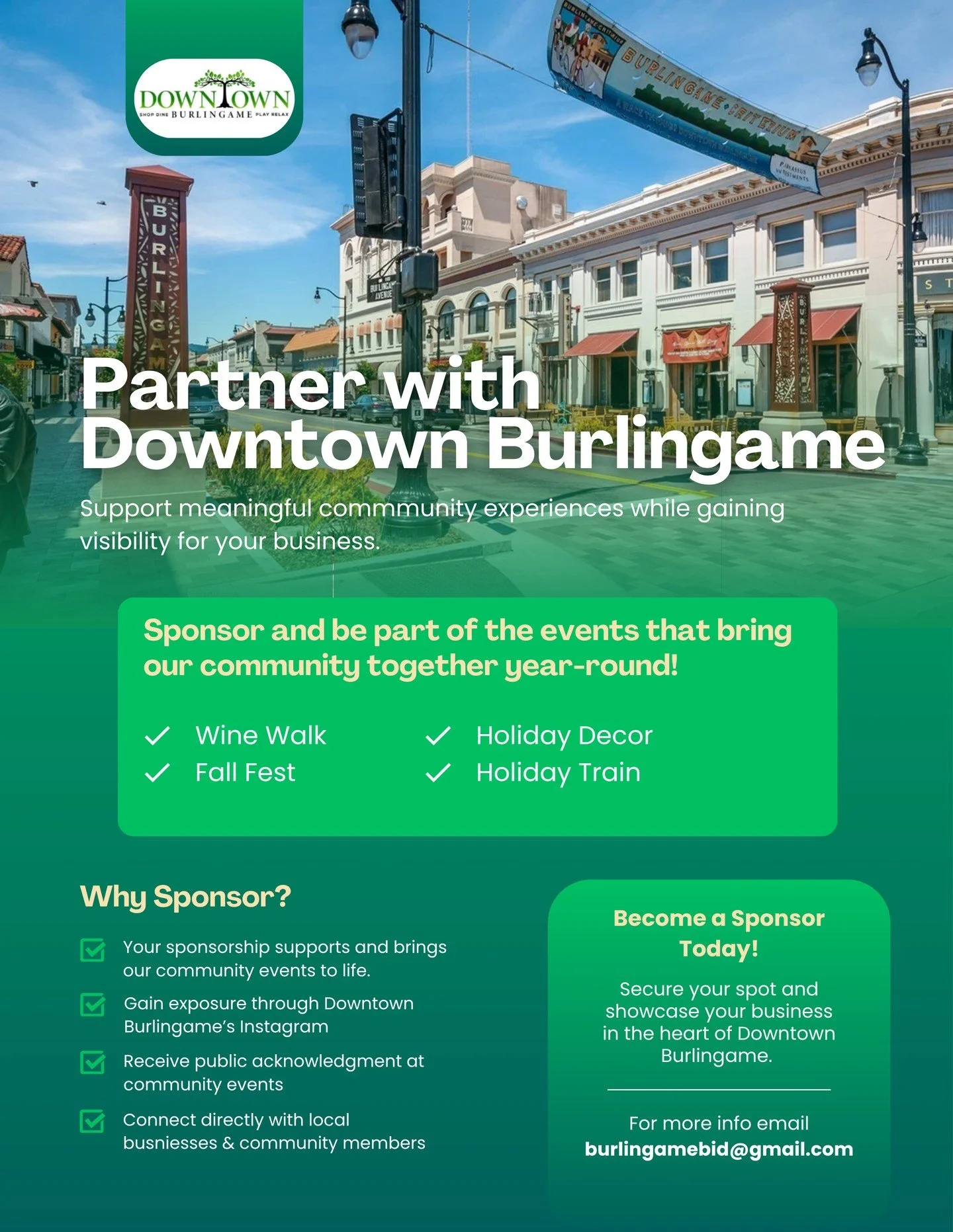 Calling all local businesses who want to be part of something special! 🧡

We're looking for sponsors for our Downtown Burlingame events, starting with the 2026 Wine Walk (one of Burlingame's most beloved traditions!). This is your chance to connect 