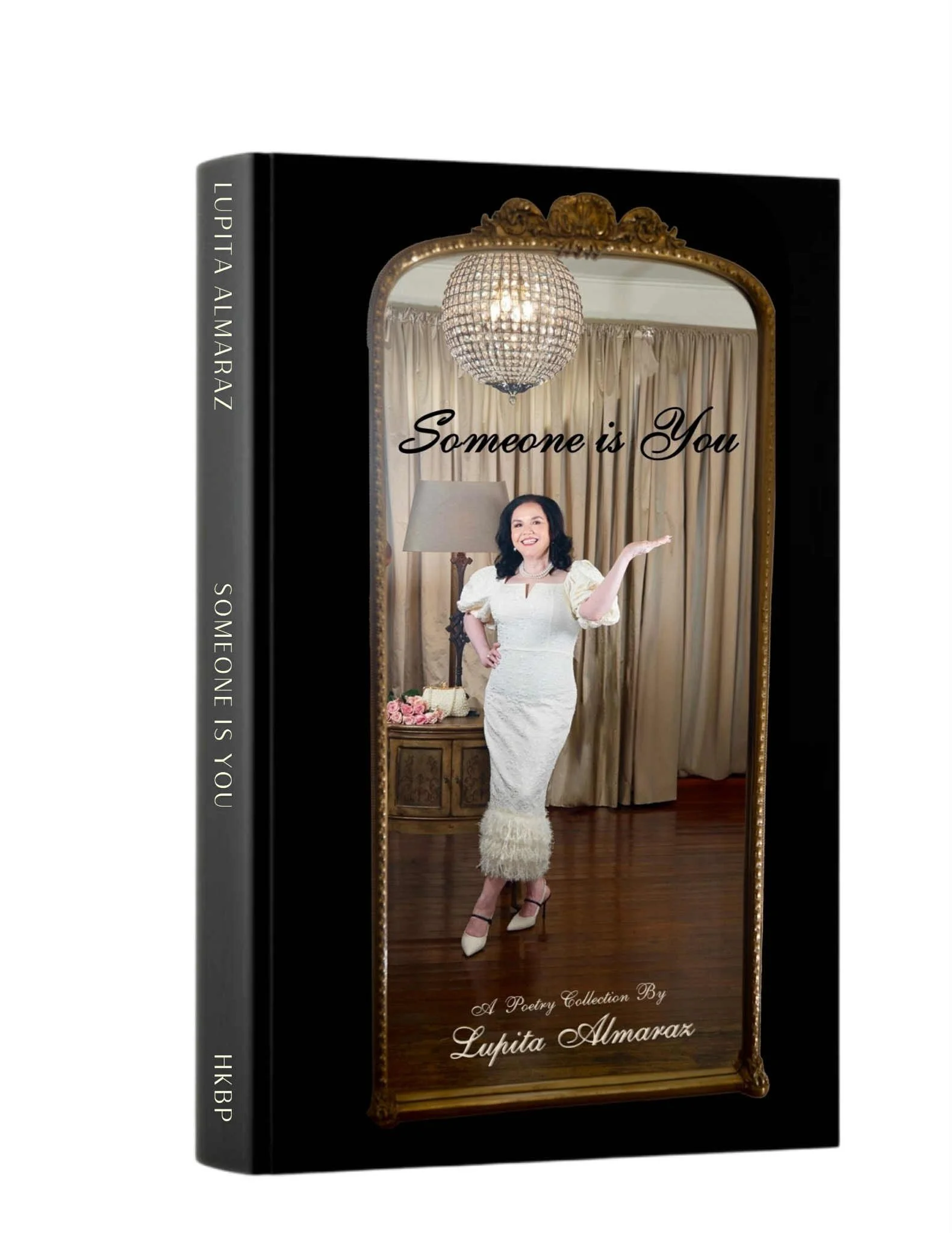 Book cover titled 'Someone is You' featuring a woman in a white dress standing in a decorated room, with a chandelier, curtains, and a mirror.