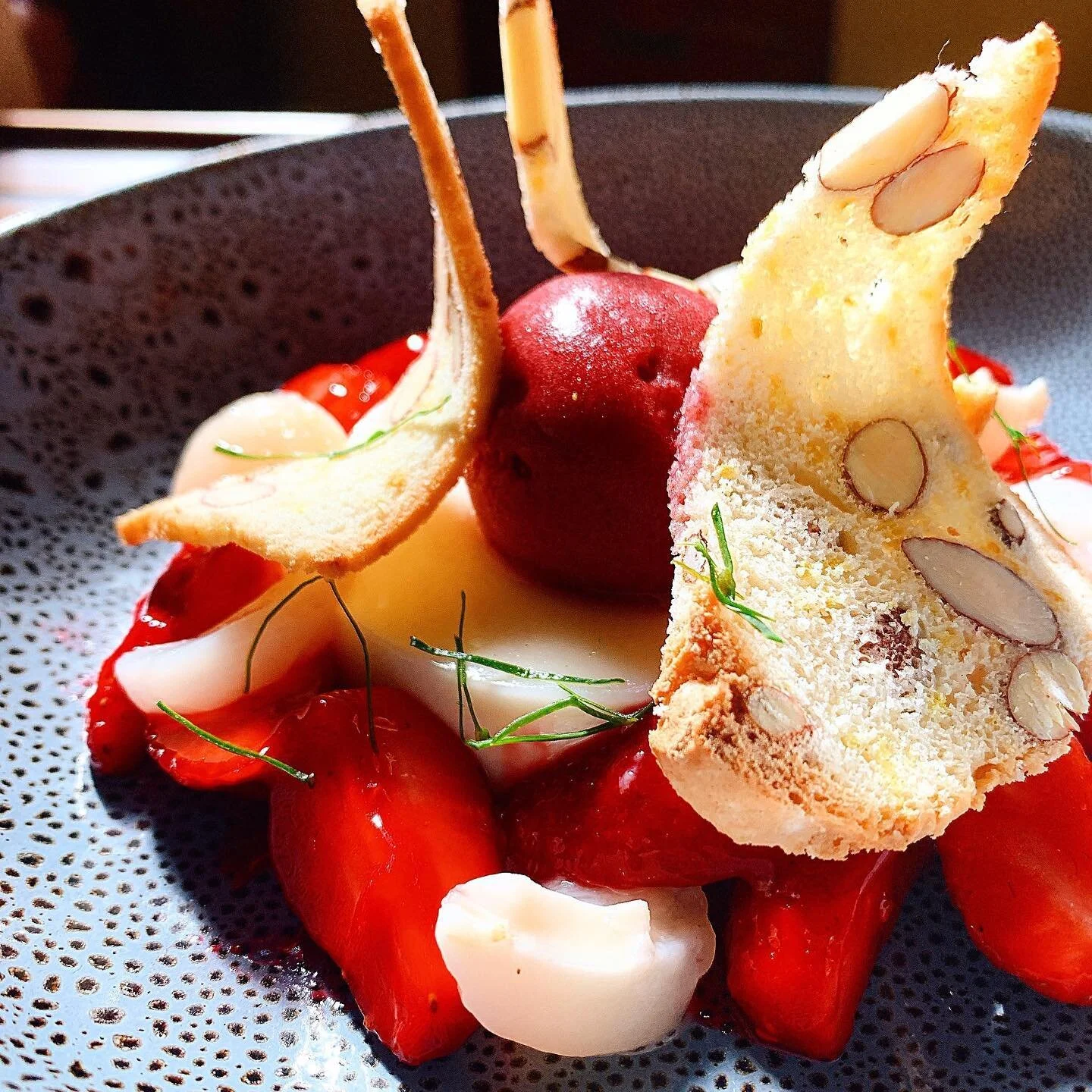 New dessert tonight - Coconut panacotta w strawberry&rsquo;s, lychee, kaffir lime, raspberry sorbet, almond crisps