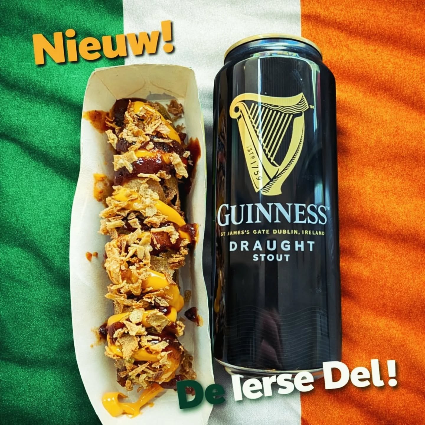 🇮🇪 Check onze nieuwste creatie: de 'Ierse Del' ☘️ Een huisgemaakte viandel of frikandel afgetopt met echte Ierse cheddarkaas saus, een licht zoete Ierse Guinness bier saus en gefrituurde uitjes. 🍺🧀🇮🇪☘️👨&zwj;🍳

#frikandel 
#ierland
#snack 
#sl