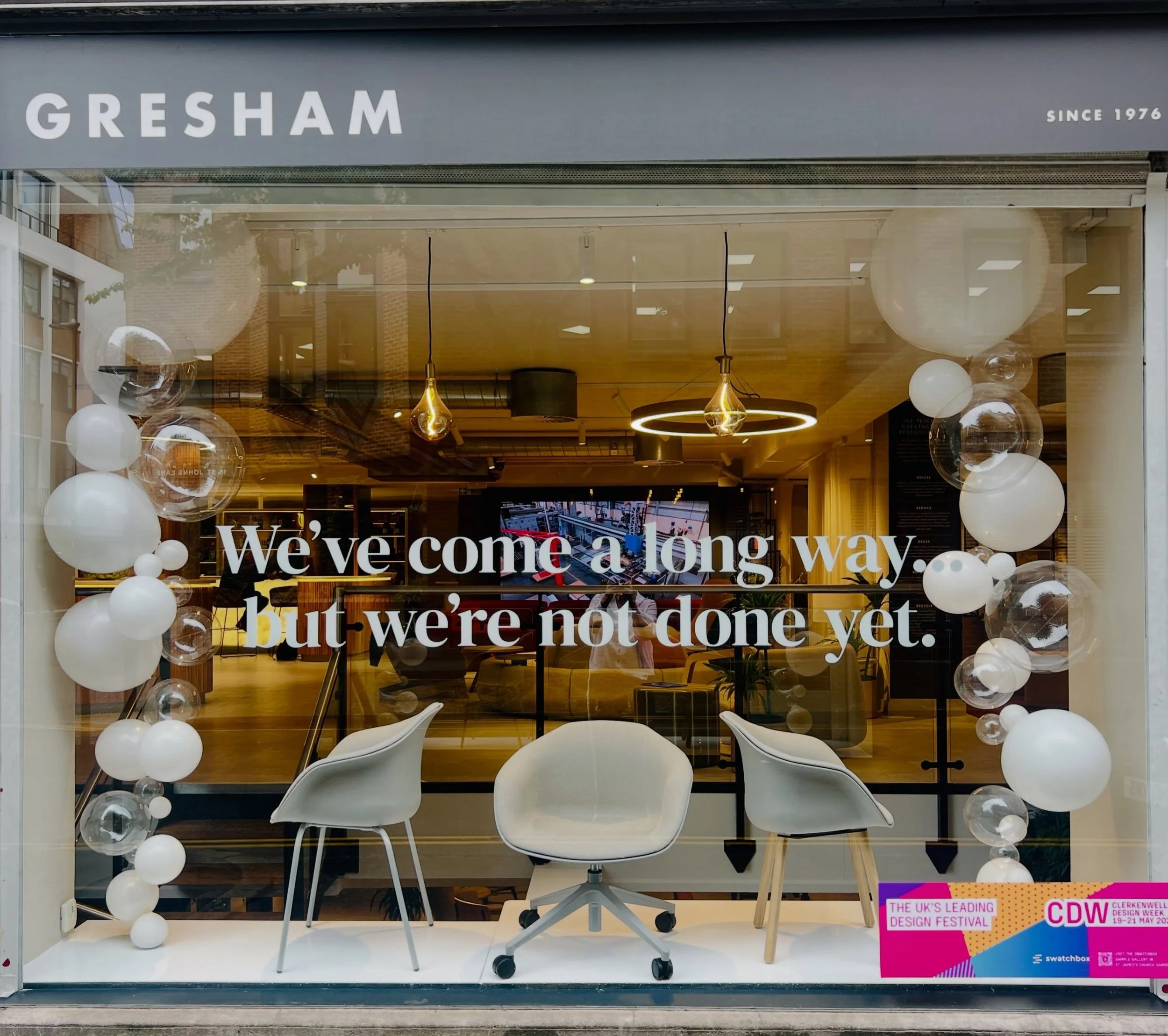 White and clear balloon bubble strands to celebrate 50 years, WOW what an amazing achievement @greshamofficefurniture Fabulous window graphics by @arenacreativedesign 
Get in touch to see how we can bring something extra to your next corporate celebr