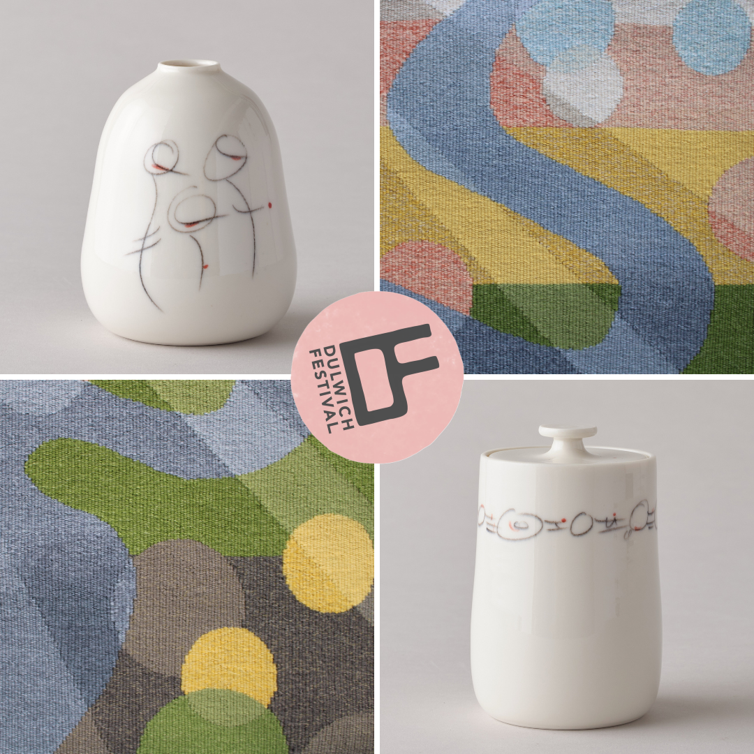 porcelain pots and colourful tapestries