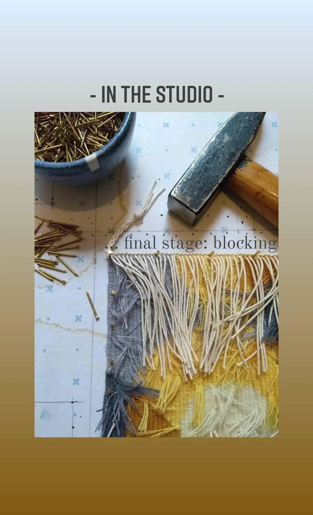 preparing to block finish a hand woven tapestry
