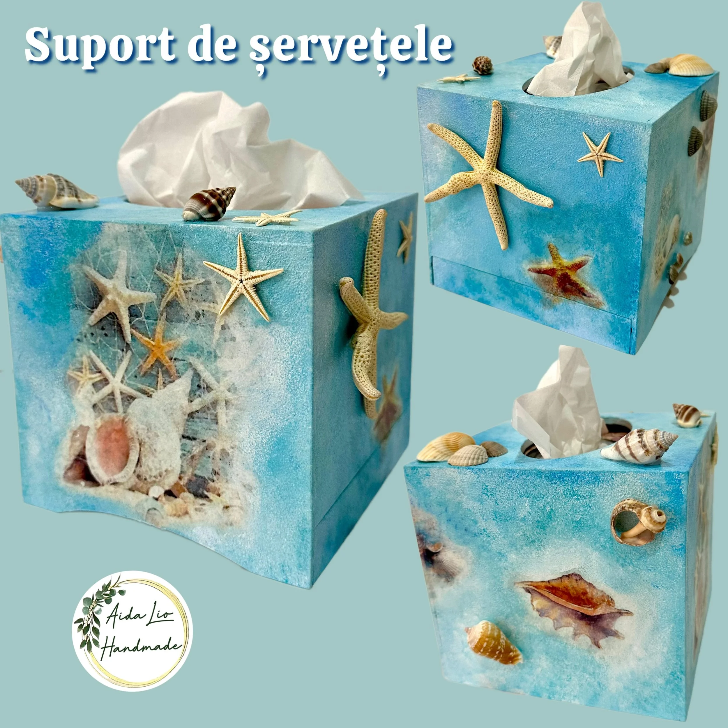 Santorini - suport pentru șervețele (cub mare din lemn) decorat manual și cu scoici naturale atașate - 110 lei