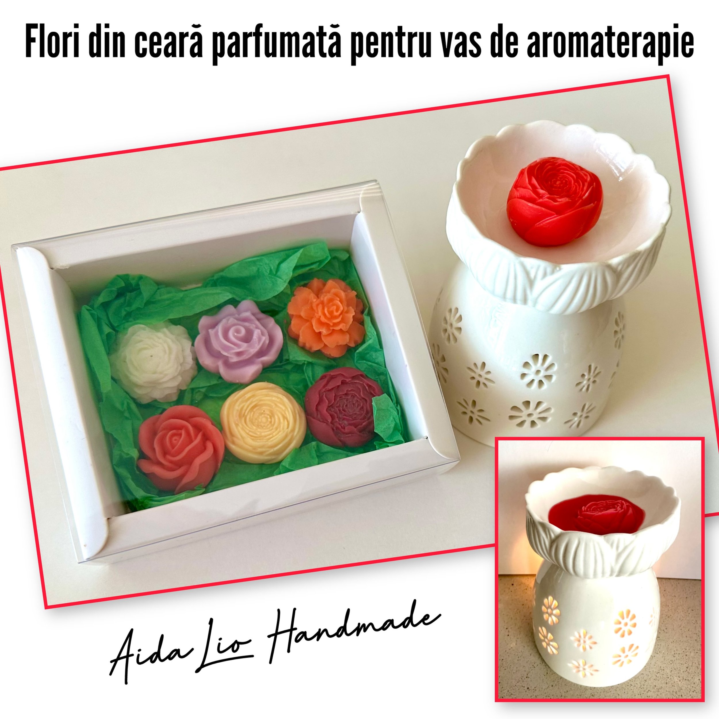 7 zile, 7 arome - set cadou cu flori din ceară naturală cu diferite parfumuri (la cerere) și vas de aromaterapie - 80 lei