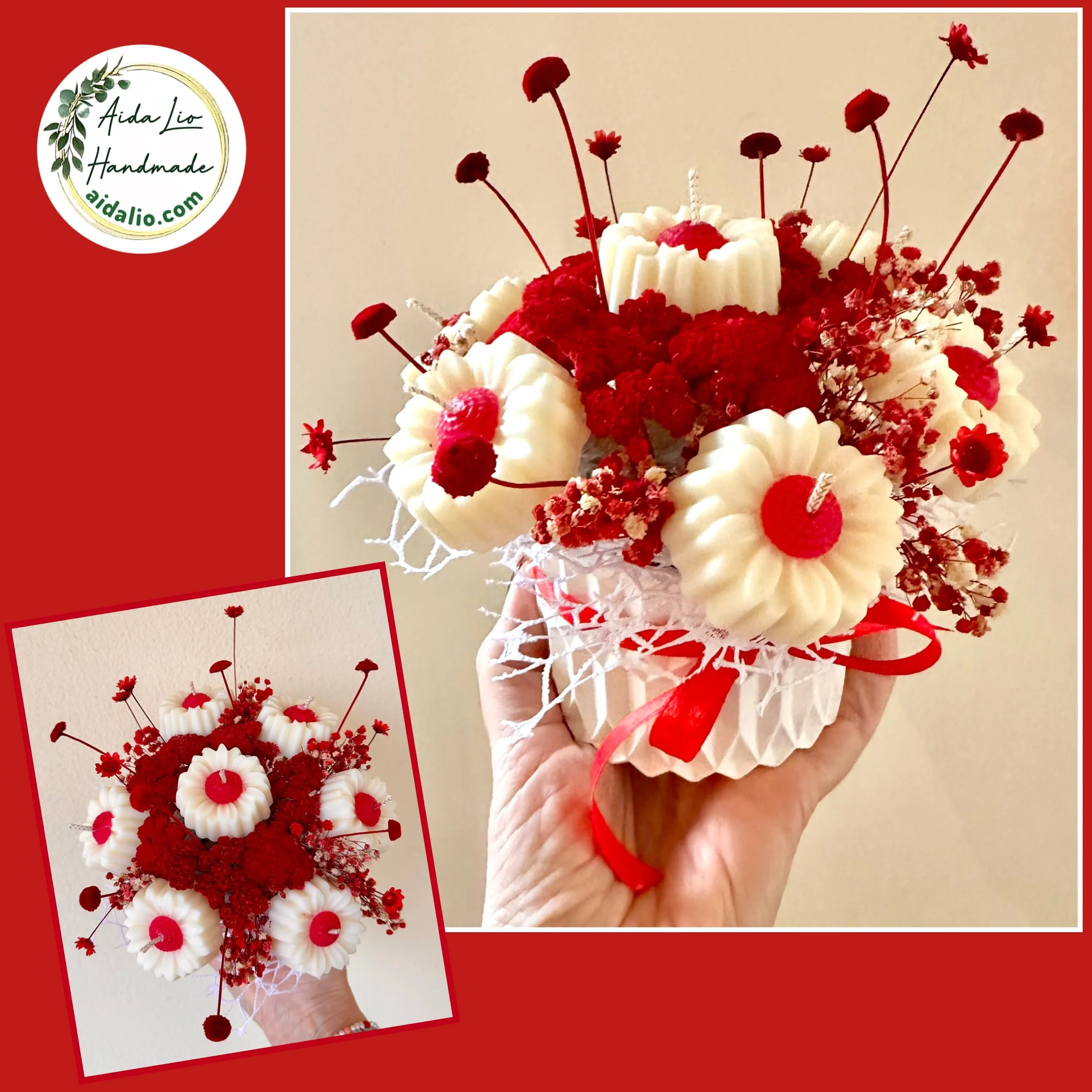 Margarete in alb si rosu - Aranjament handmade cu flori din ceară naturală parfumată și plante naturale uscate sau criogenate în bol ceramic turnat manual - 150 lei