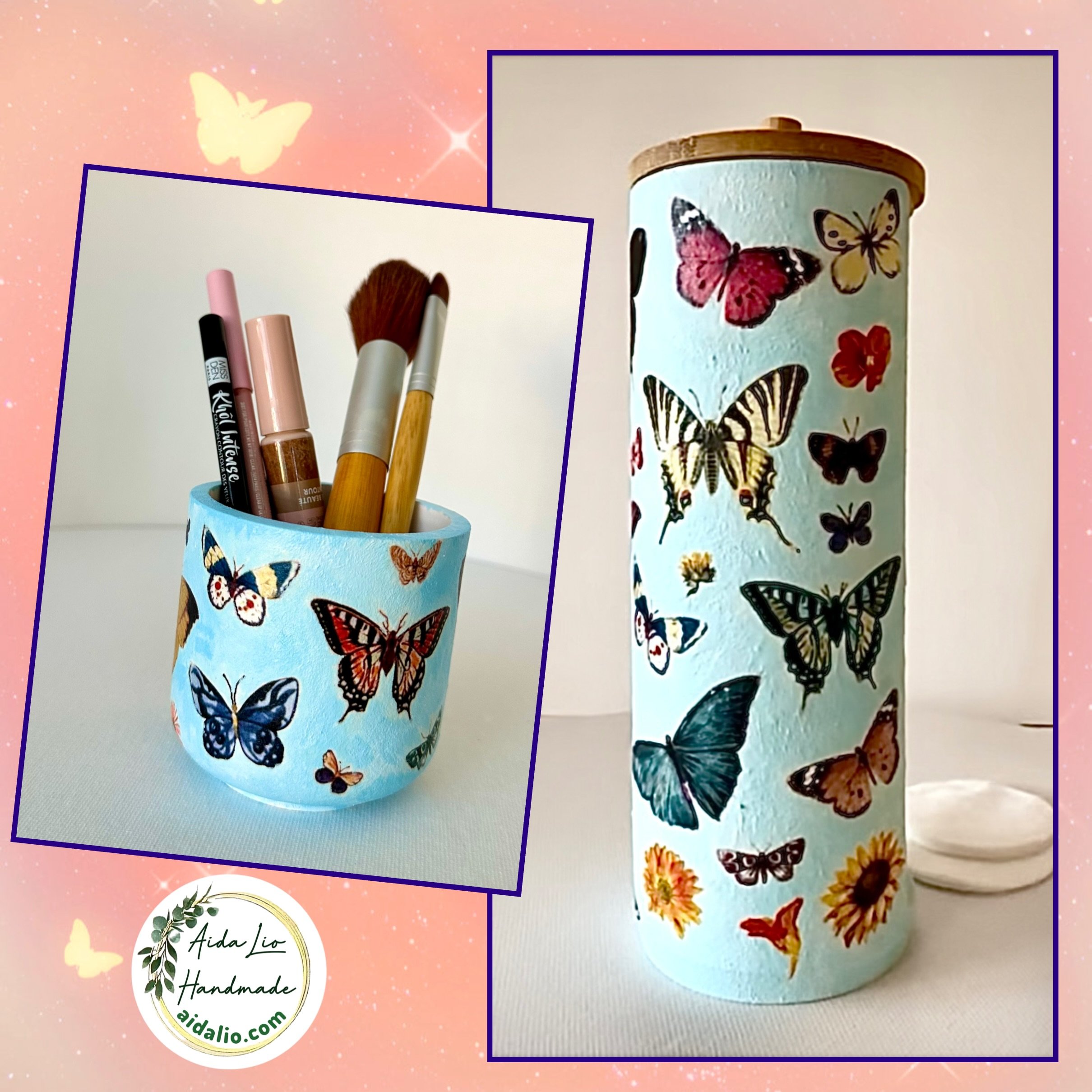 Fluturi- set decorat și pictat manual: suport acrilic pentru dischete demachiante și pahar ceramic turnat manual - 120 lei