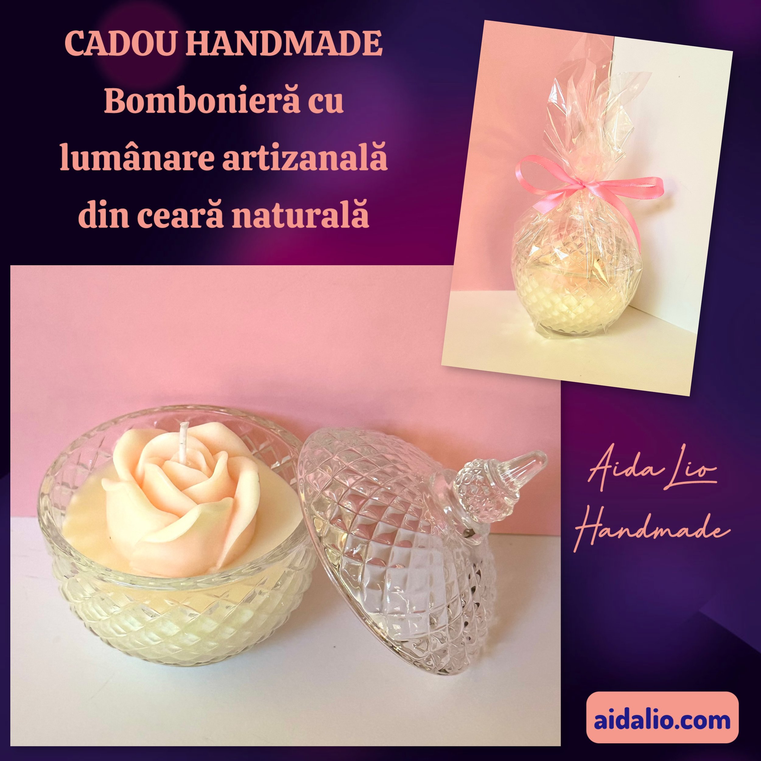 Trandafir rafinat - lumânare artizanală din ceară naturală parfumată în bombonieră de sticlă (diam. 9,5 cm) - 60 lei