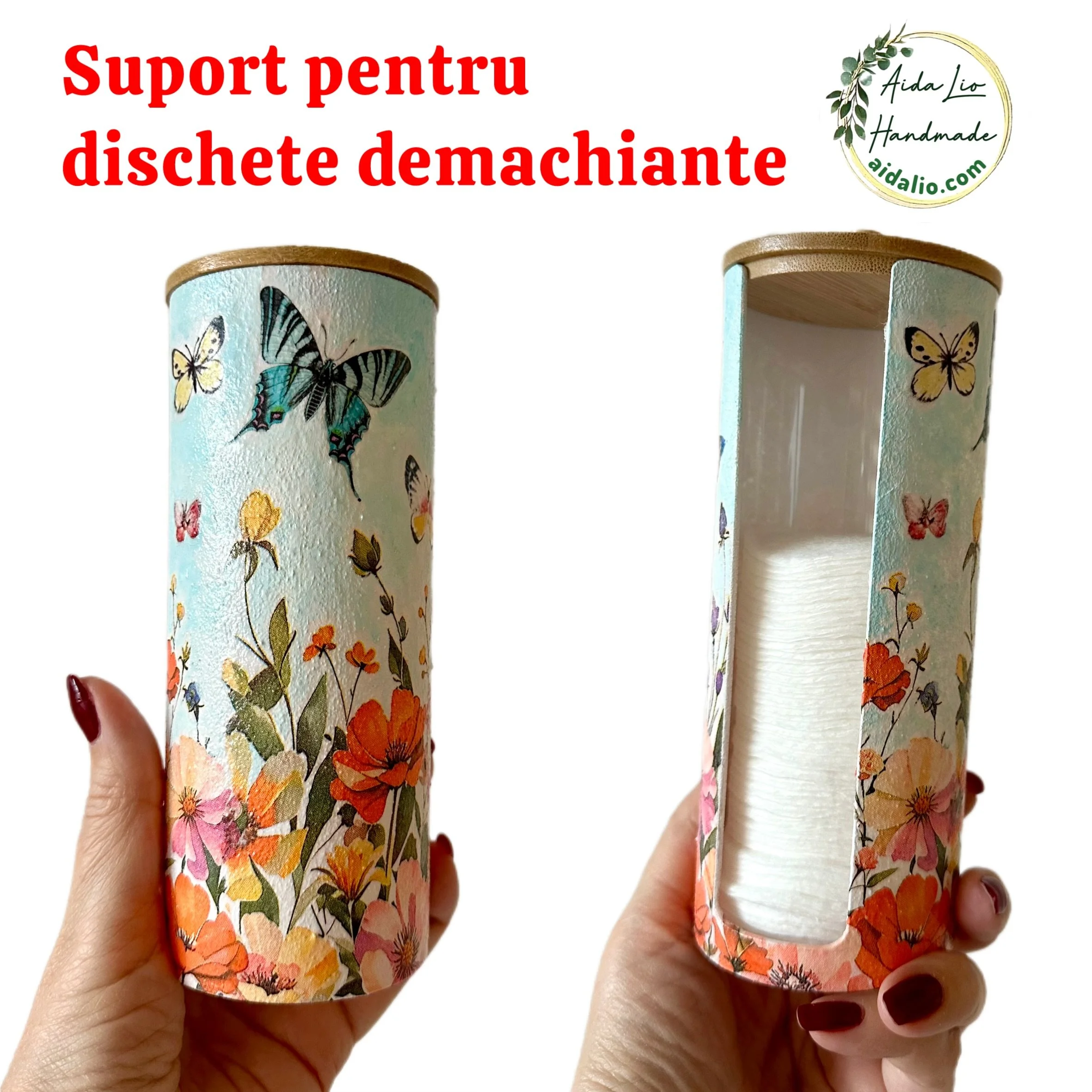 Flori, fluturi - suport pentru dischete demachiante (din acrilic, cu capac din bambus) - 60 lei