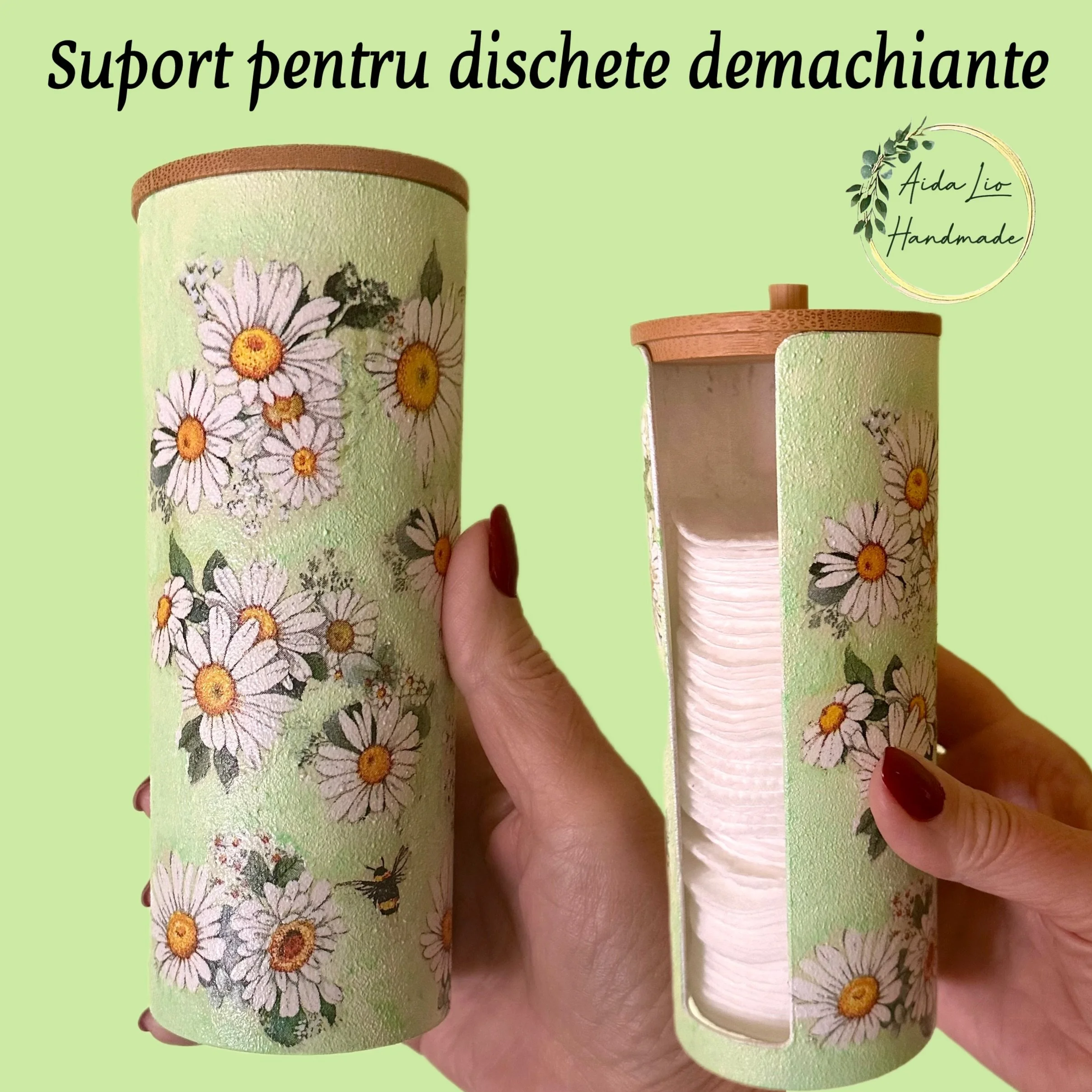Mușețel - suport pentru dischete demachiante (din plastic, cu capac din bambus) - 50 lei