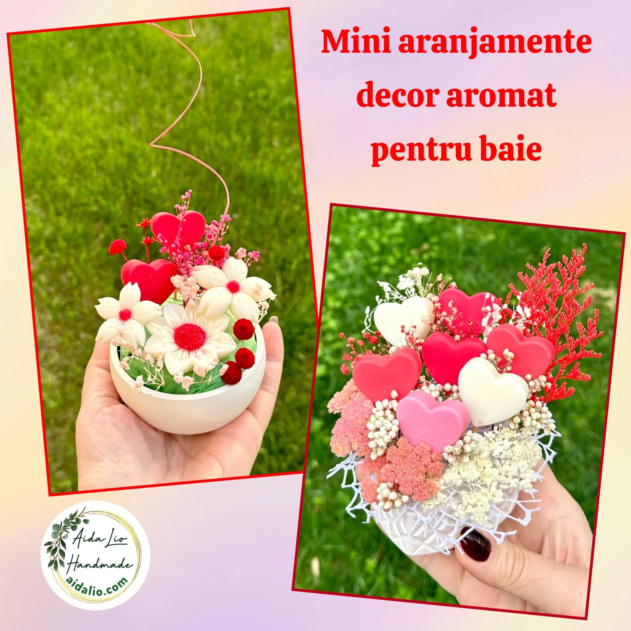Decor aromat pentru baie - mini aranjamente handmade cu ceară naturală parfumată și plante naturale uscate  în bol ceramic turnat manual - 75 lei