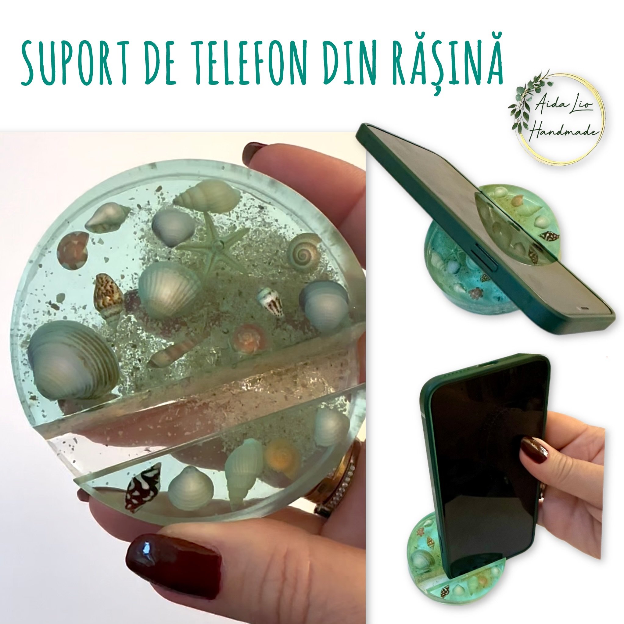Suport de telefon turnat manual din rășină cu scoici, melci, nisip - 50 lei