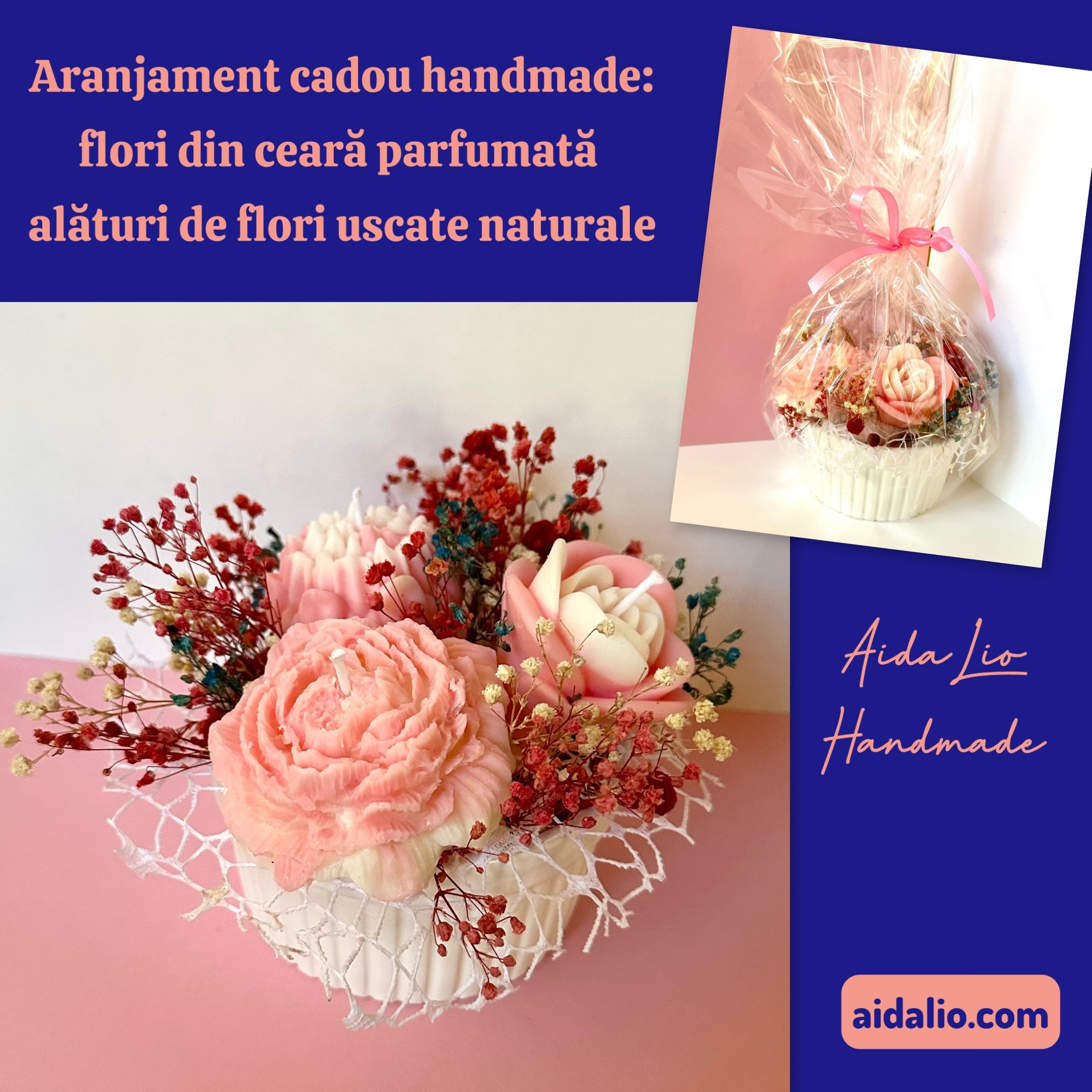 For ever pink - aranjament cu flori din ceară naturală parfumată și floarea miresei stabilizată în recipient ceramic (diam. 12 cm) - 90 lei
* Fiecare lumânare floare se va utiliza separat, iar cele fără fitil se pot topi în vase de aromaterapie.
* Fo