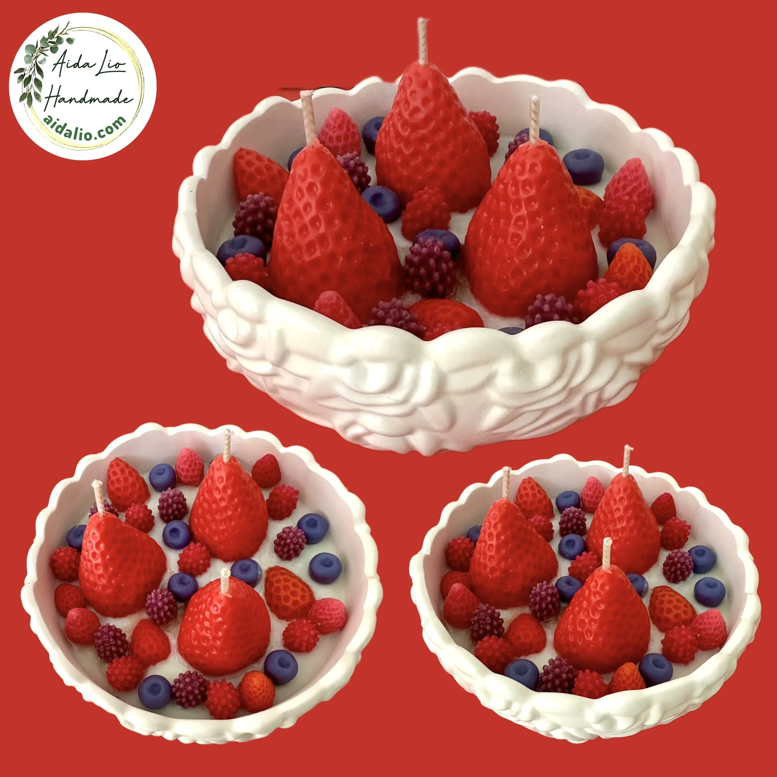 Căpșuni și fructe de pădure - lumânare handmade în bol ceramic turnat manual cu diam. 12 cm - 100 lei