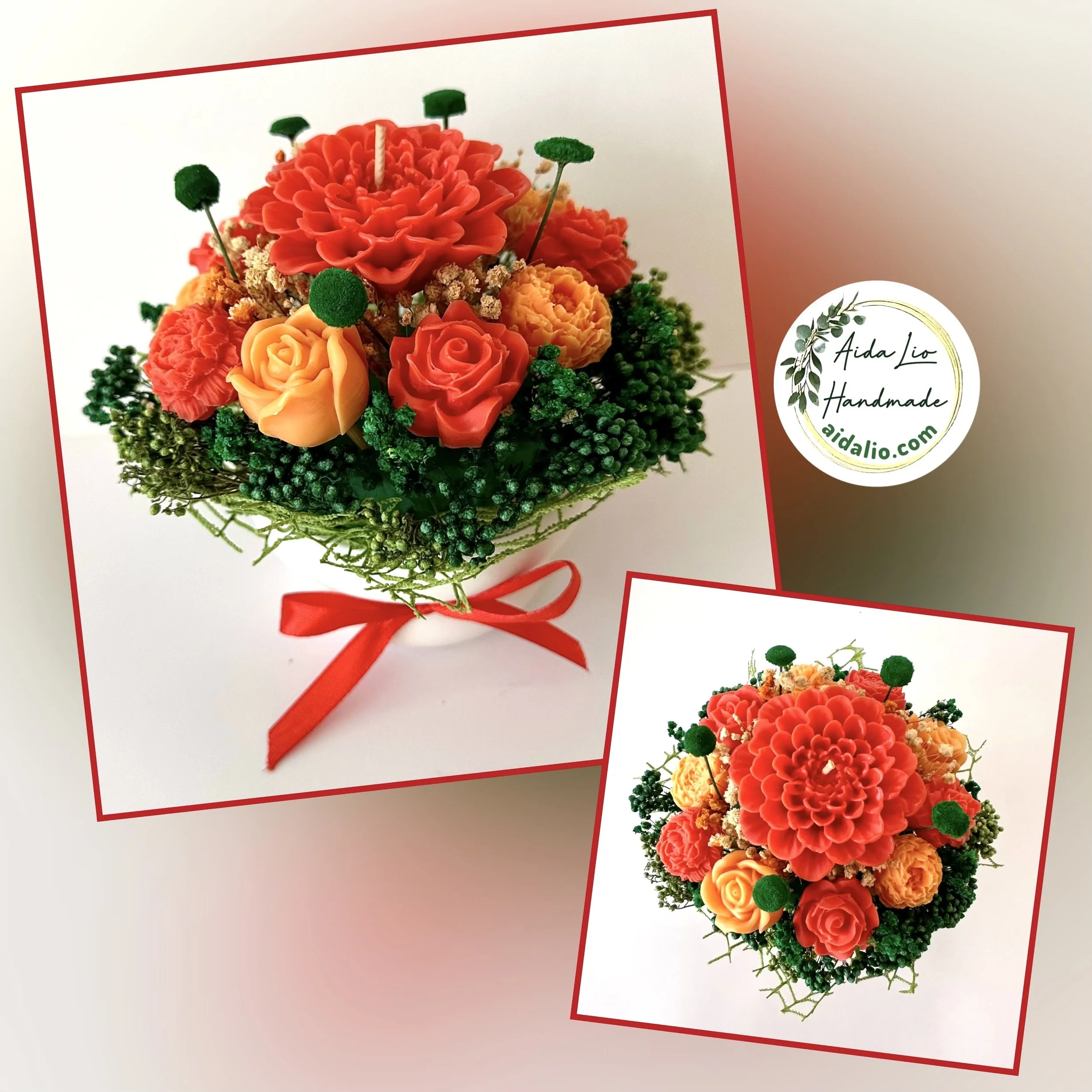 Mica Serenadă - Aranjament handmade cu flori din ceară naturală parfumată și plante naturale uscate sau criogenate în bol ceramic turnat manual - 130 lei