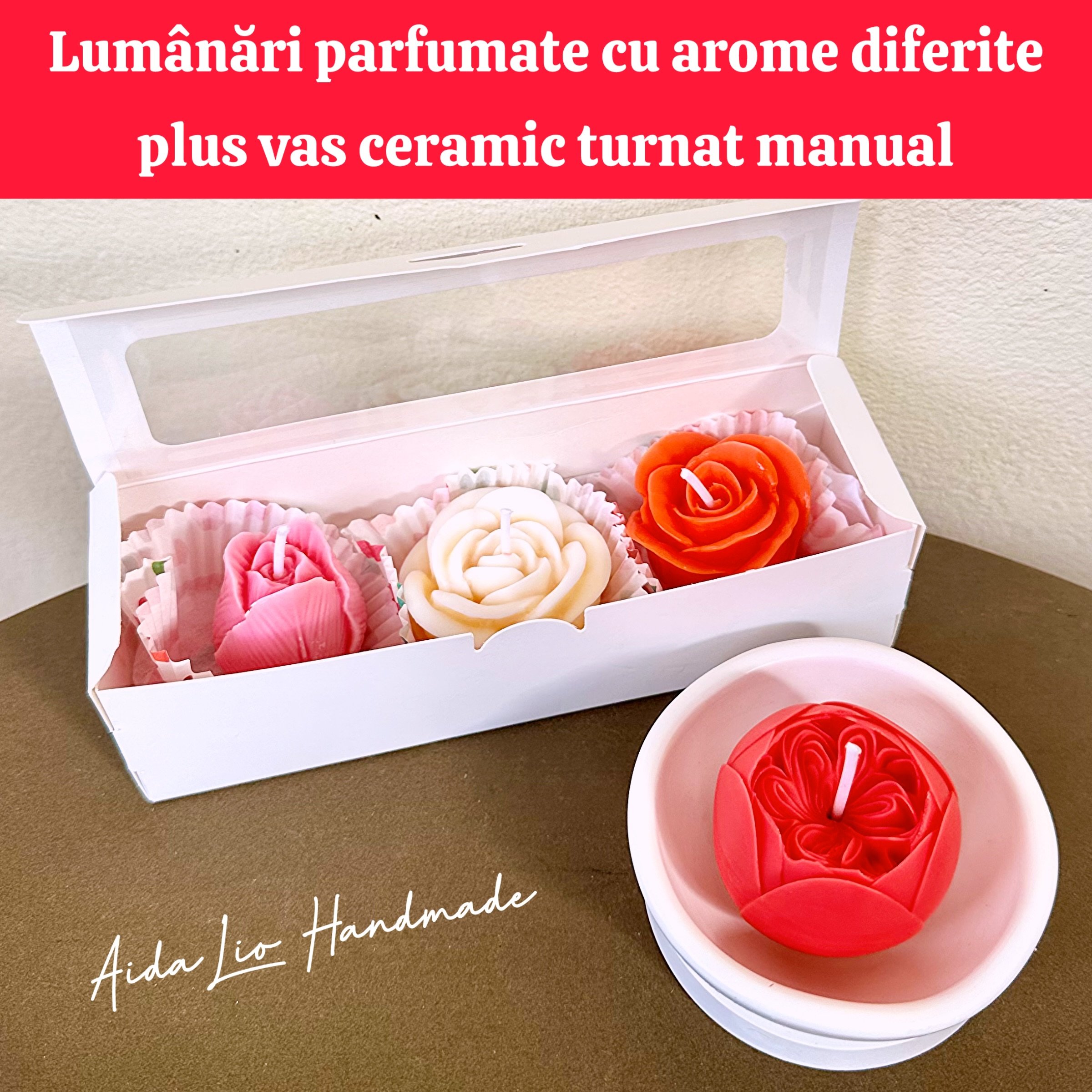 Set cadou cu lumânări din ceară naturală cu parfumuri diferite + suport vas ceramic turnat manual - 75 lei